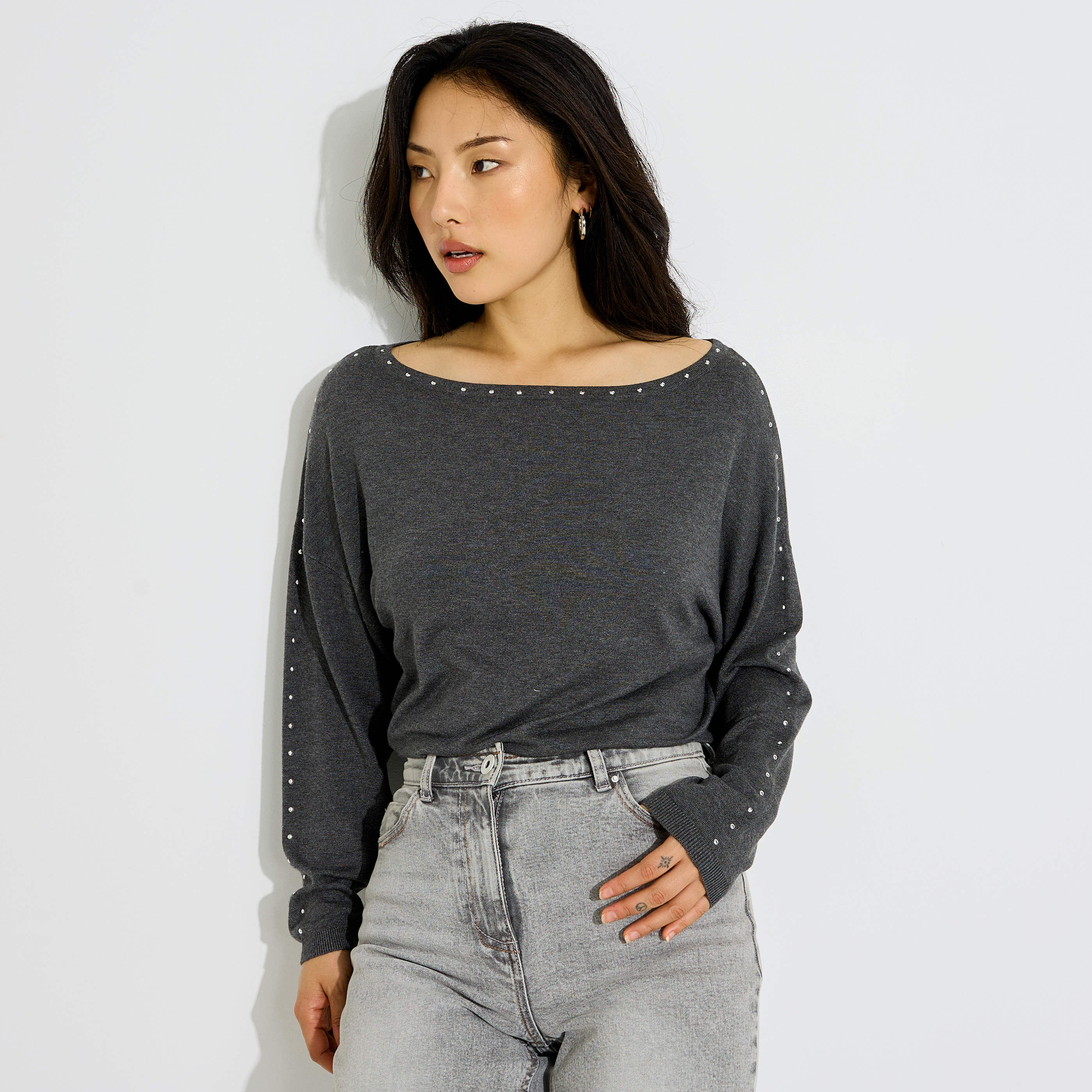 Pull fin col bateau &agrave; strass femme