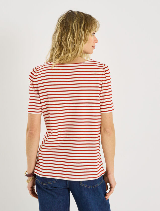 T-shirt ray&eacute; col V avec broderie femme