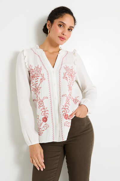 Chemise brodée à col V femme