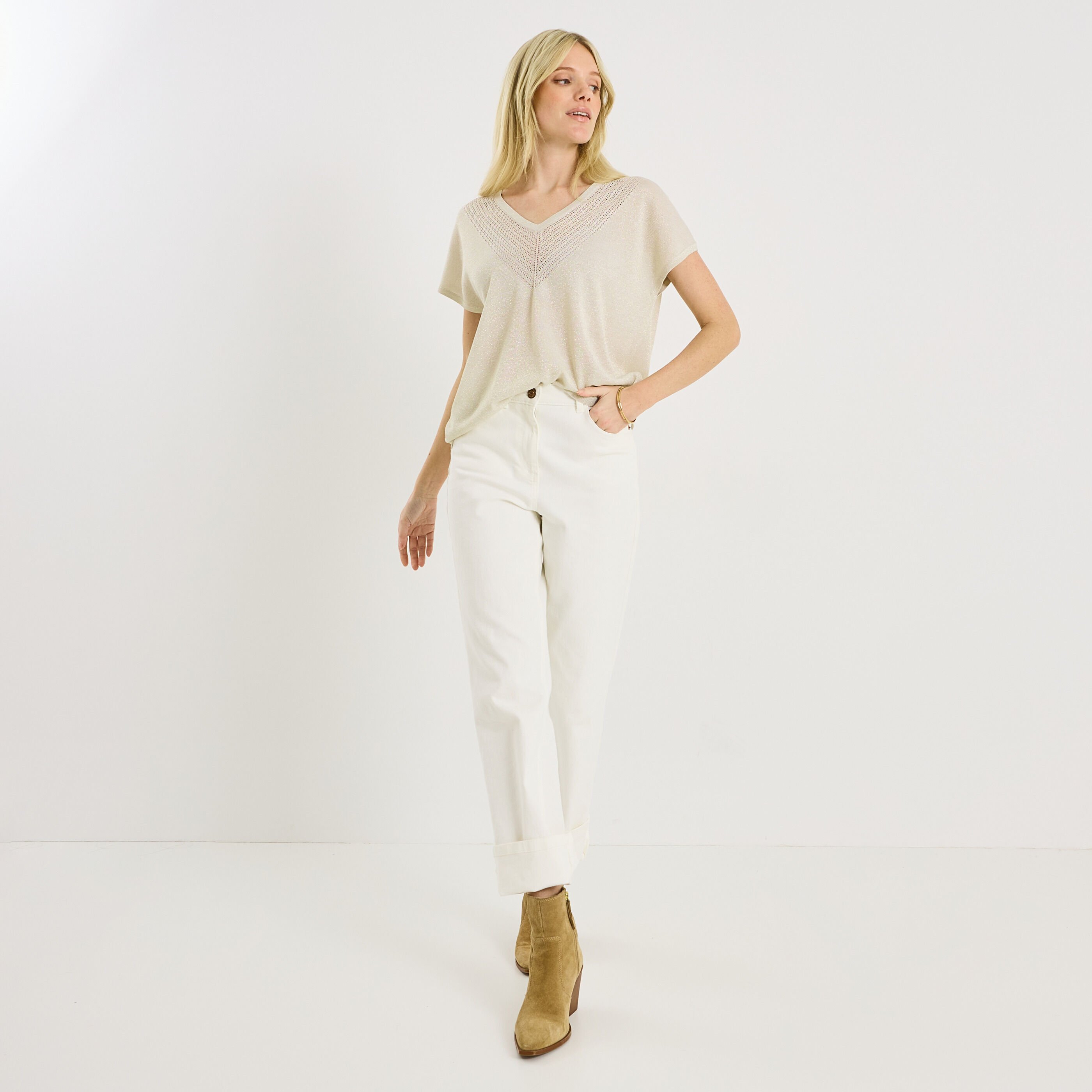 Pull brillant manches courtes femme