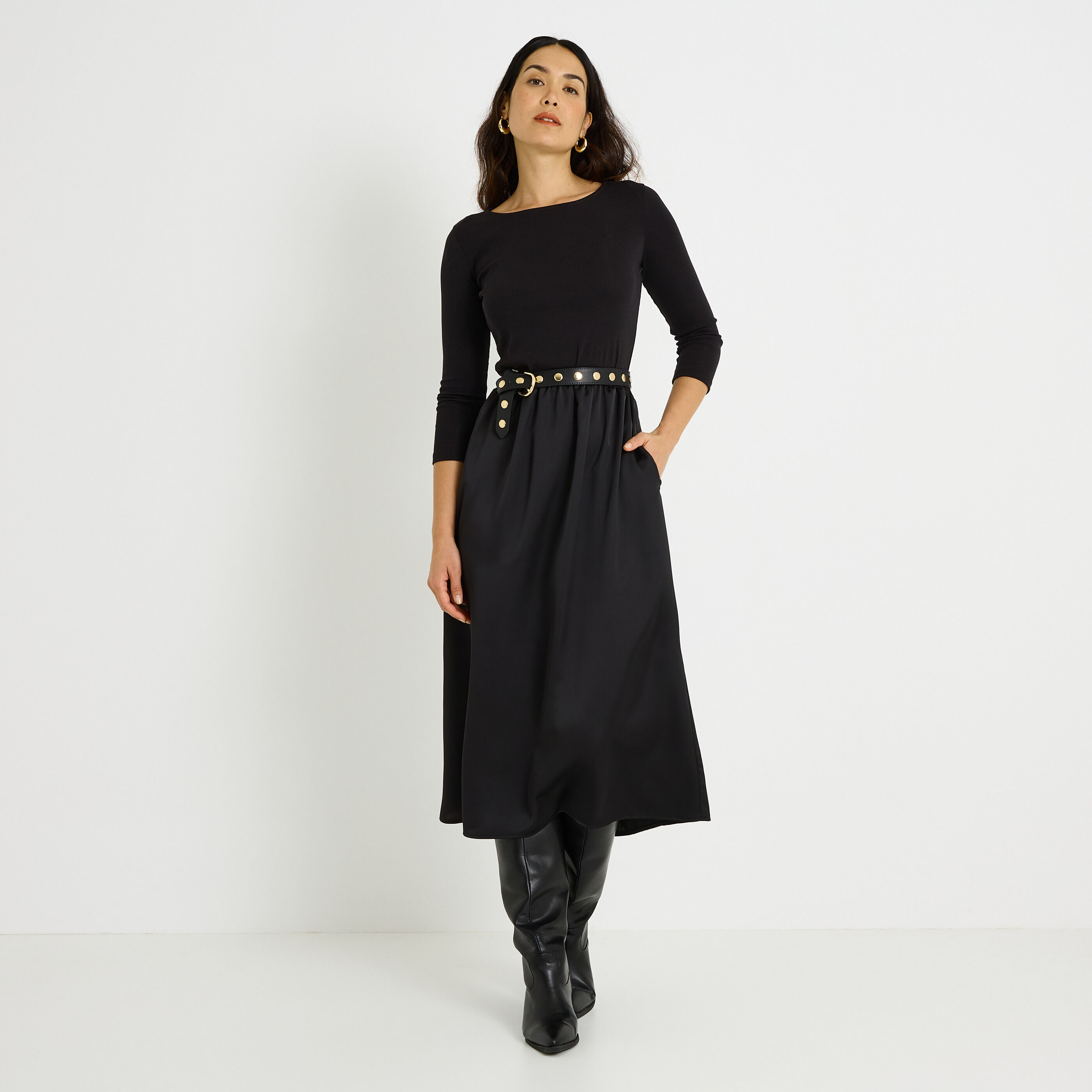 Robe longue bi-mati&egrave;re femme