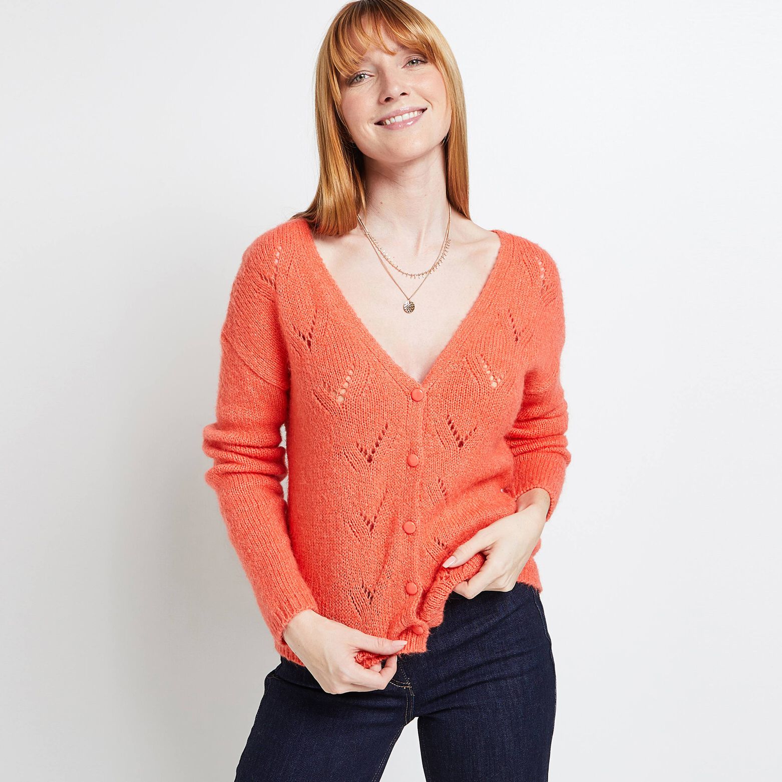Gilet col V ajouré femme