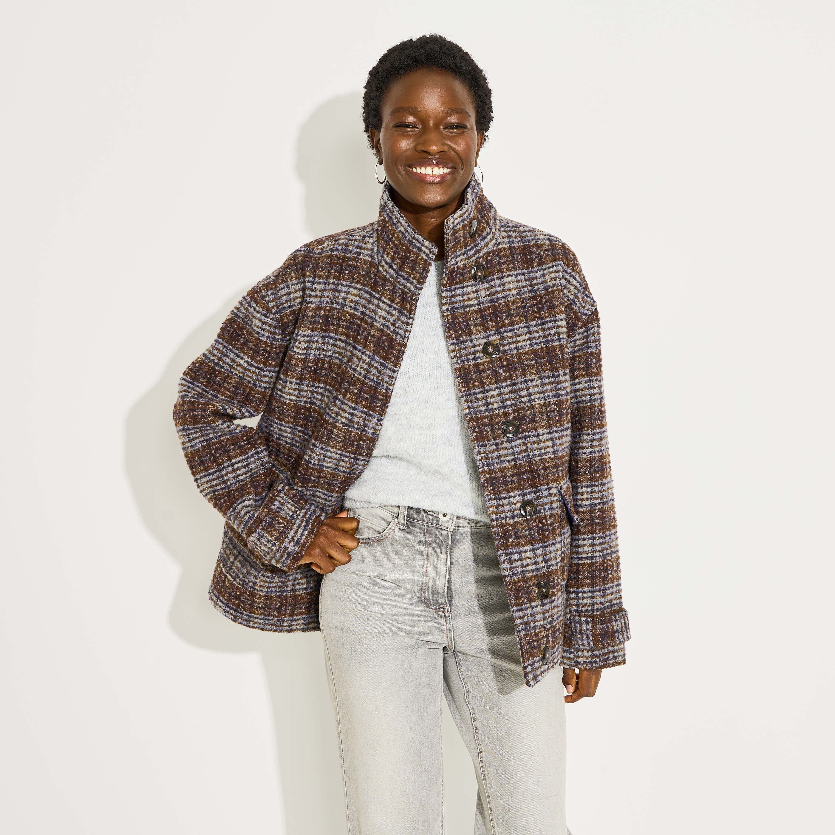 Manteau court &agrave; carreaux femme