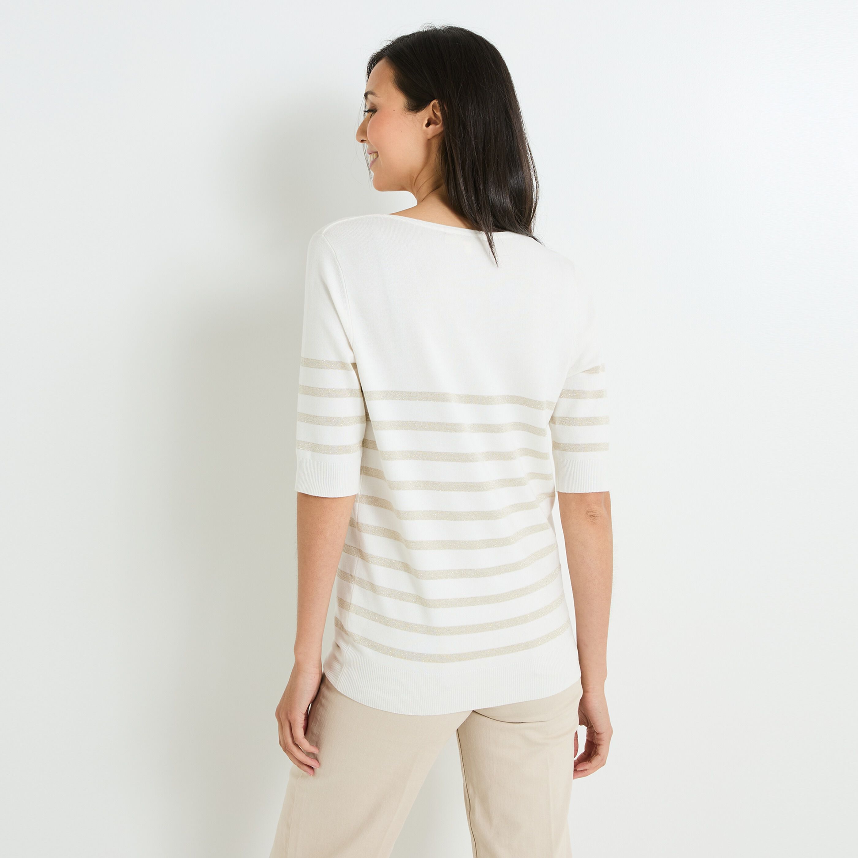 Pull &agrave; rayures col V femme