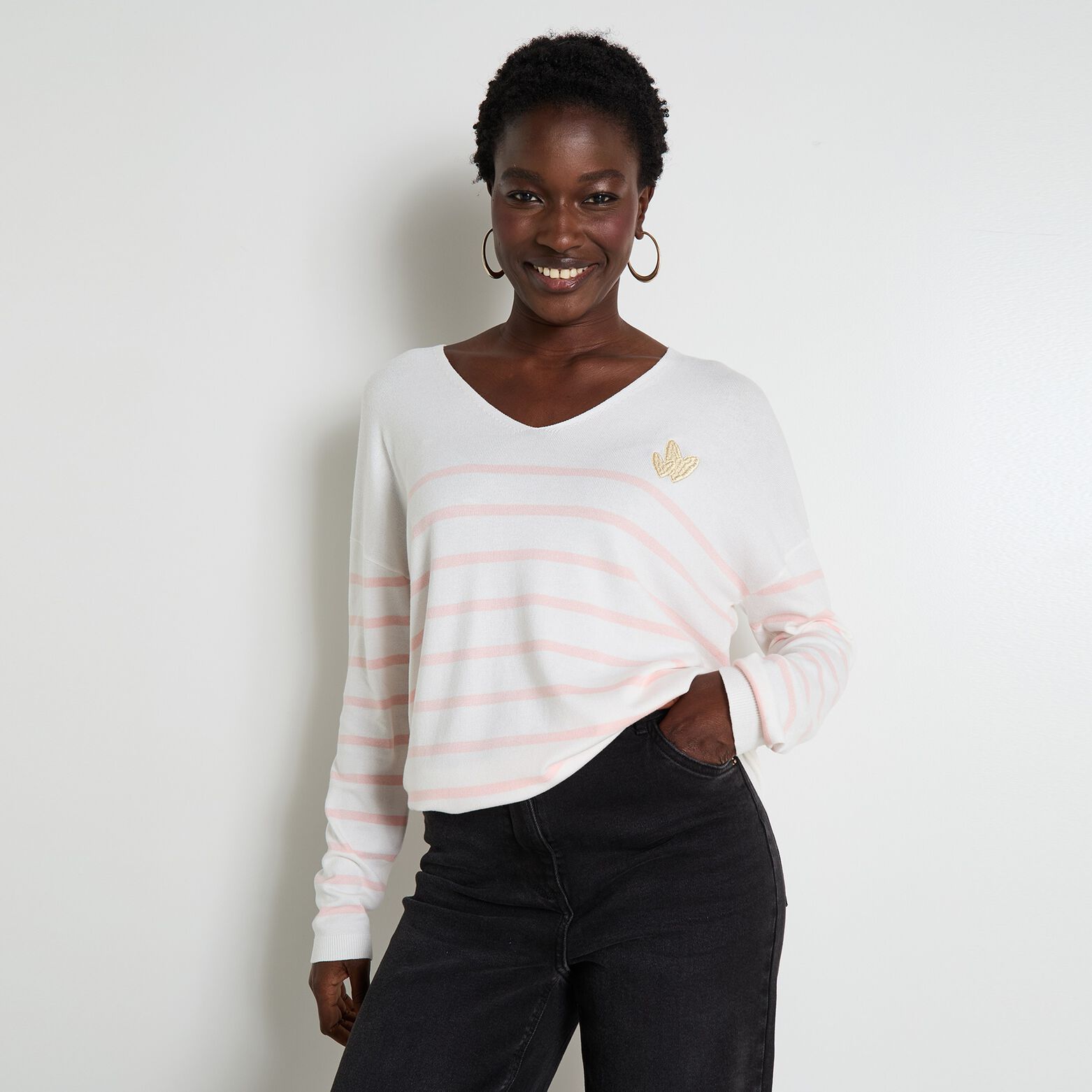 Pull col V femme