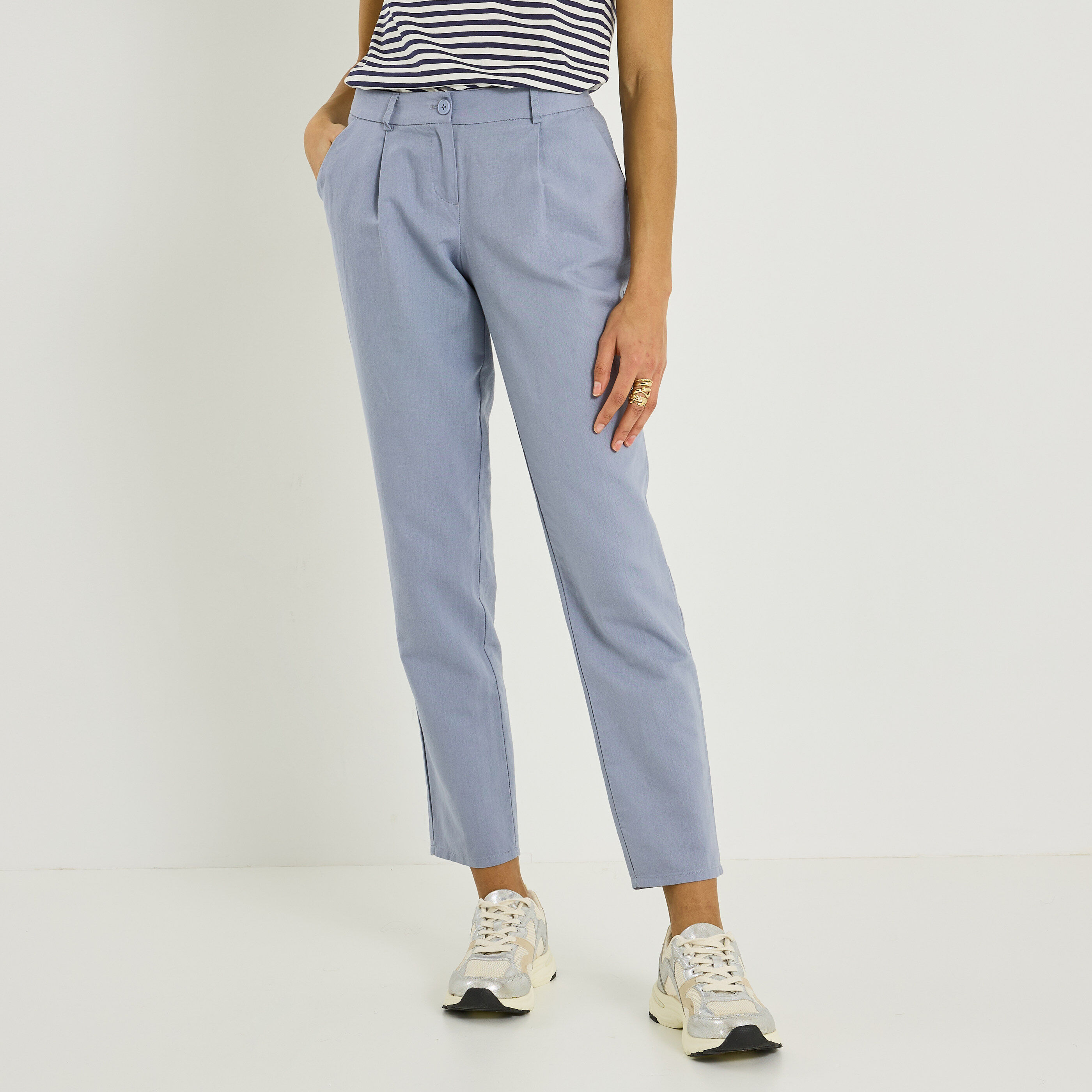 Pantalon &agrave; plis en lin m&eacute;lang&eacute; femme