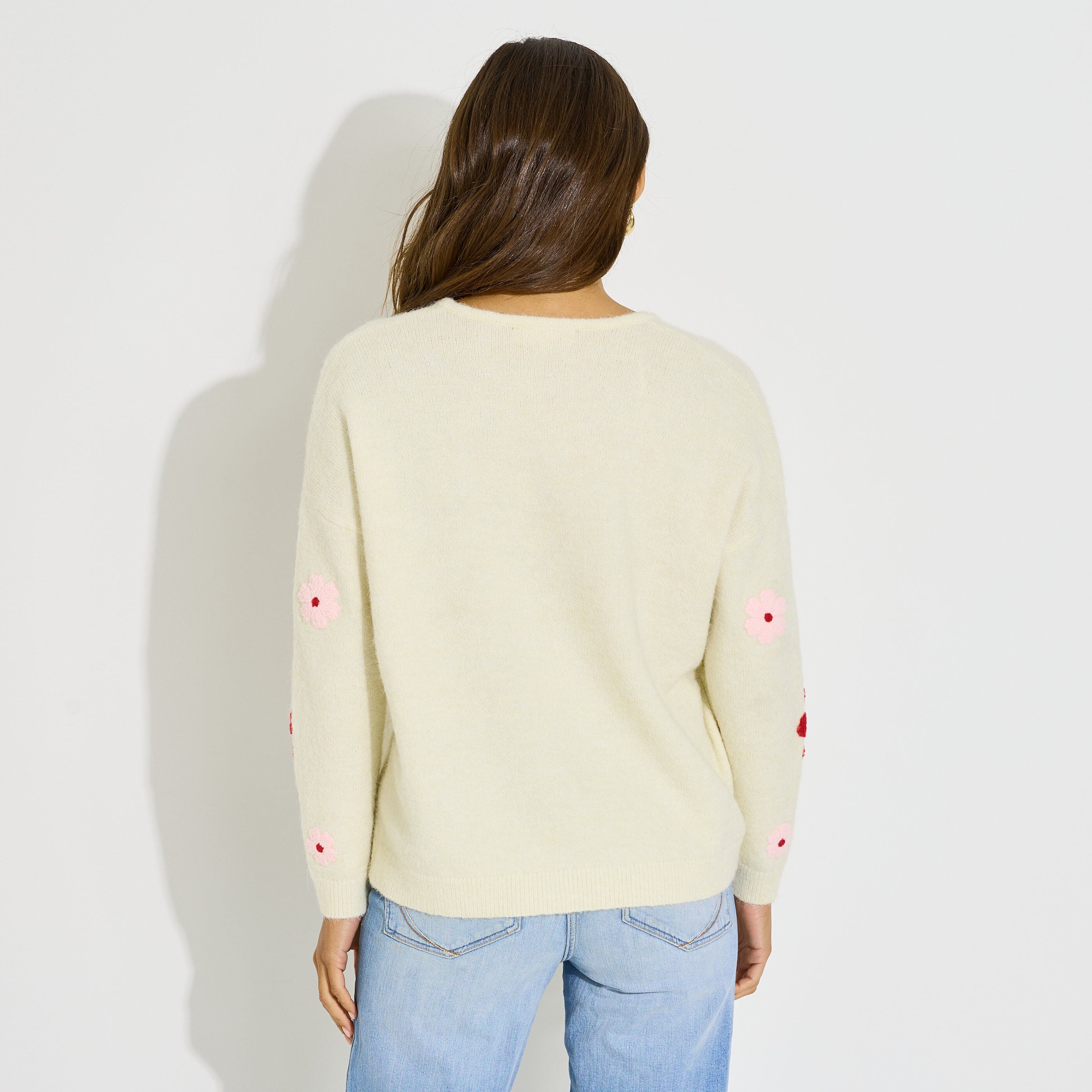 Pull col v broderie fleurs femme