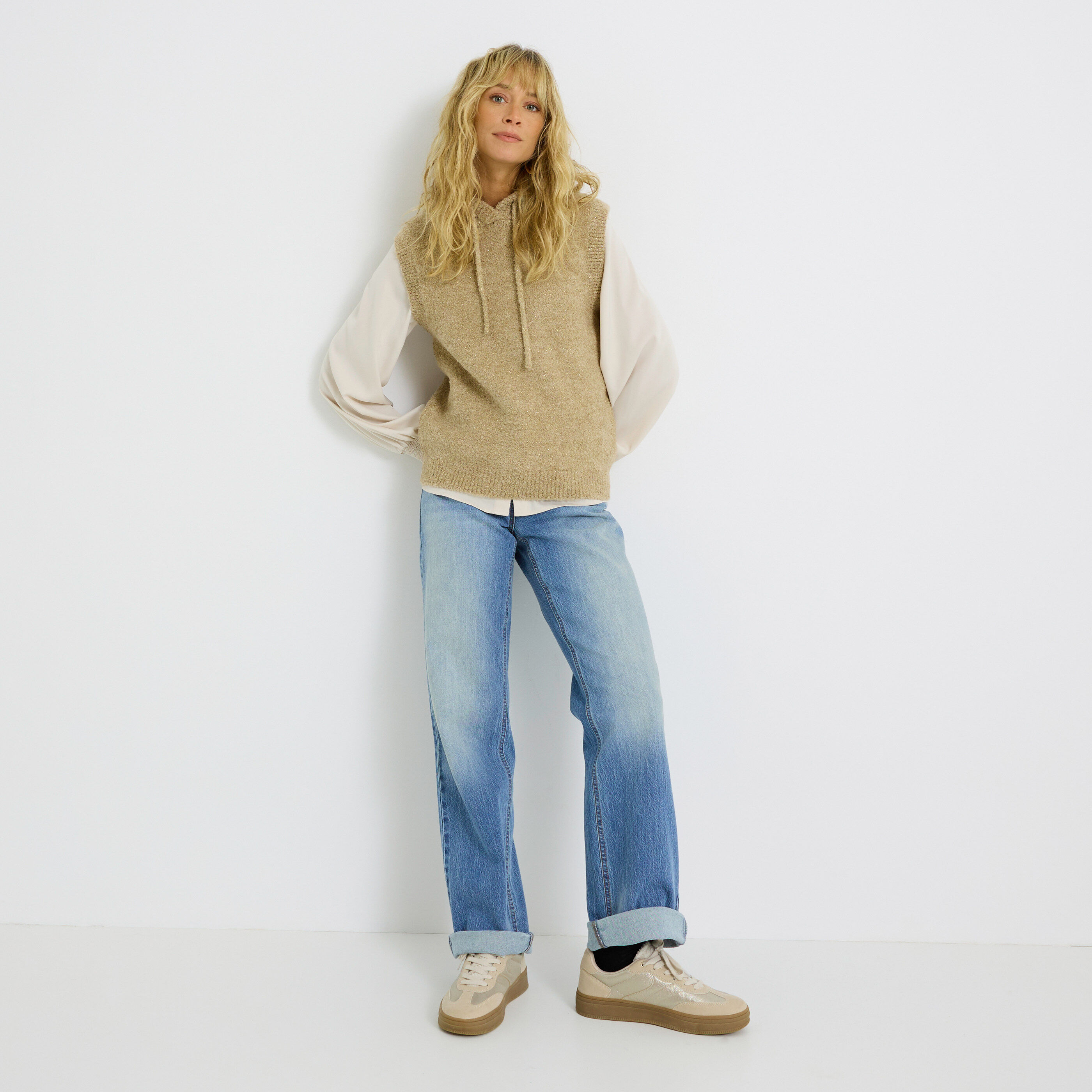 Pull sans manches &agrave; capuche femme