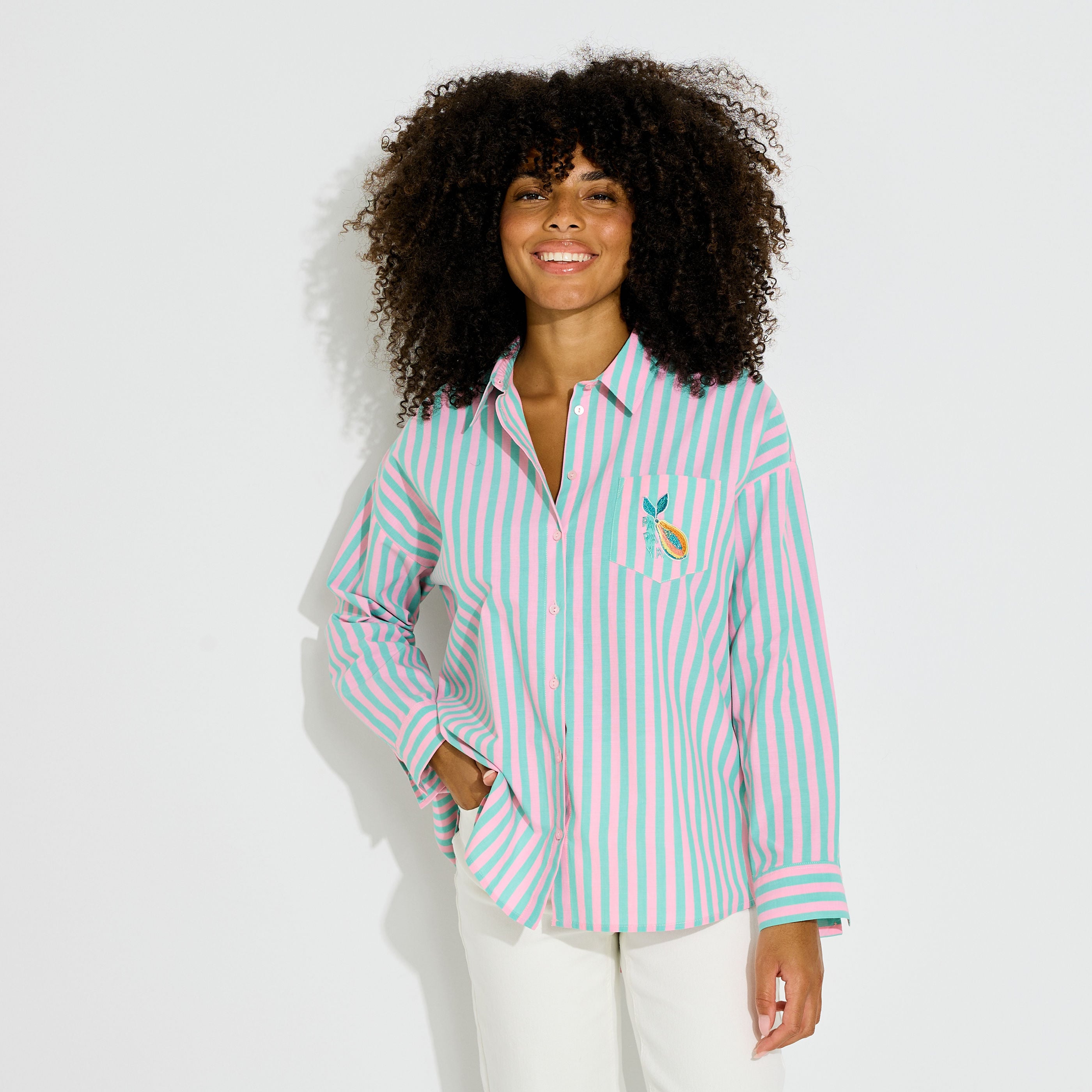 Chemise ray&eacute;e broderie papaye femme