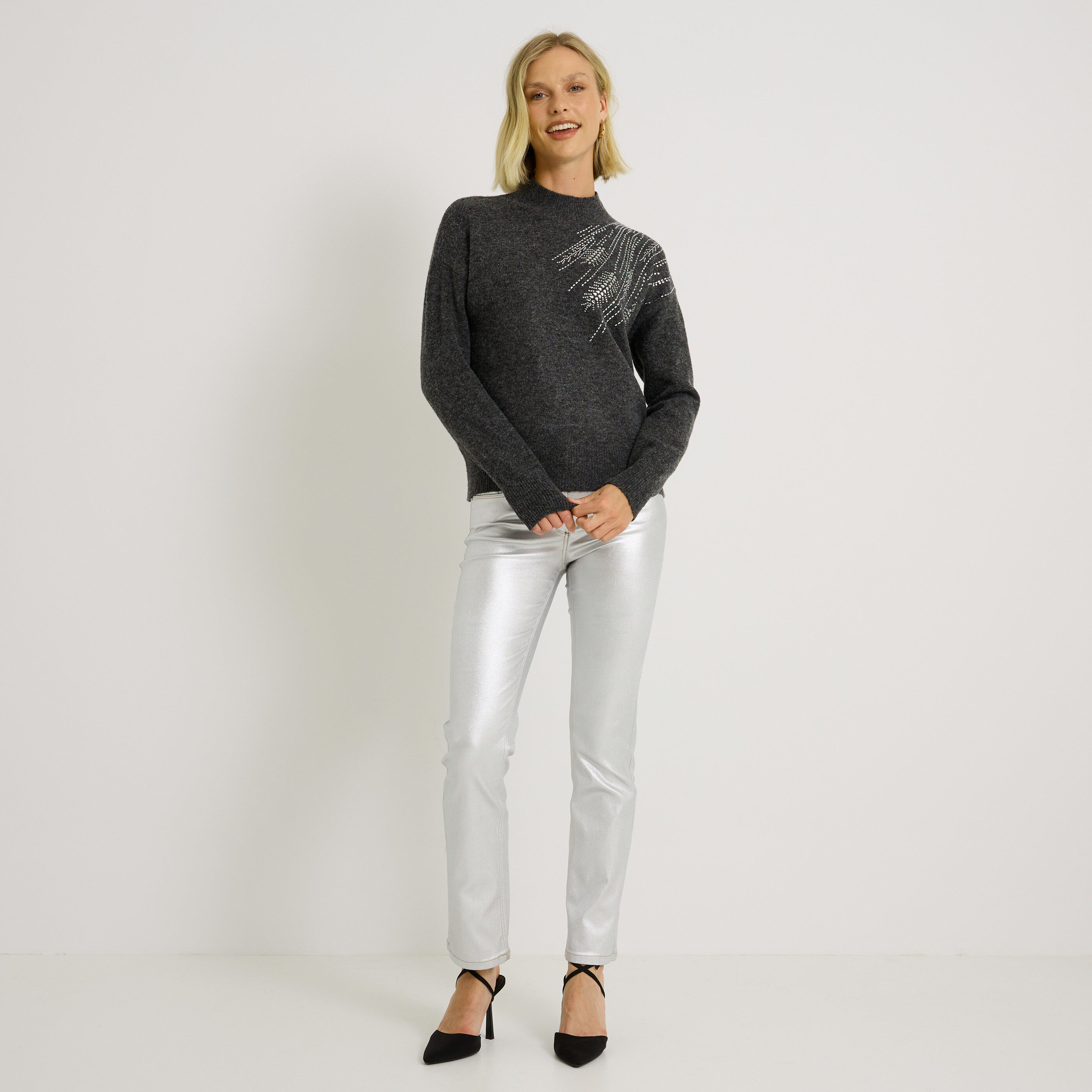 Pull col rond avec strass femme