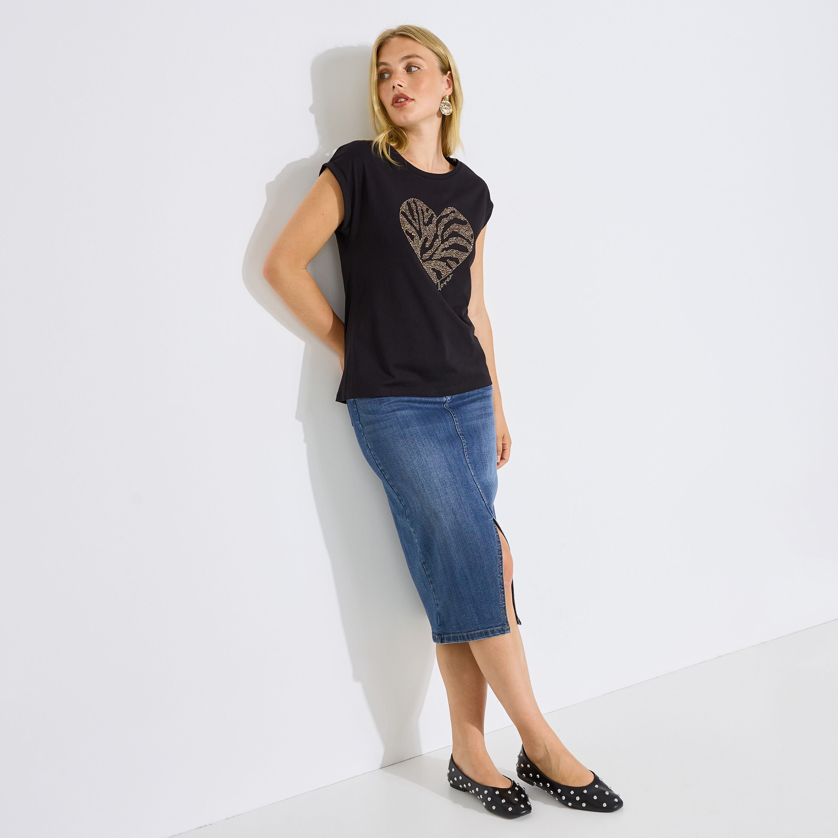 T-shirt motif c&oelig;ur strass femme
