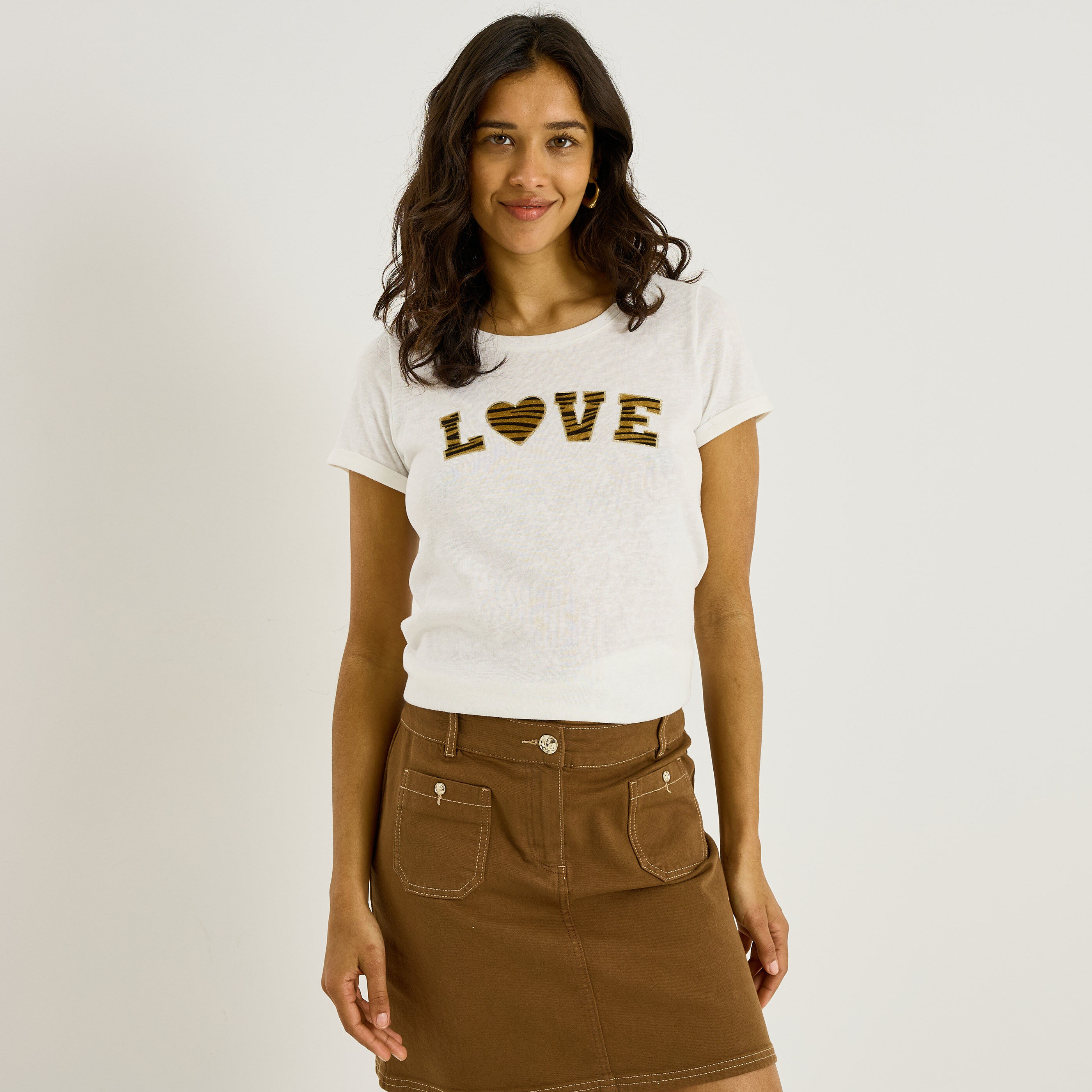 T-shirt col rond imprim&eacute; tigre femme