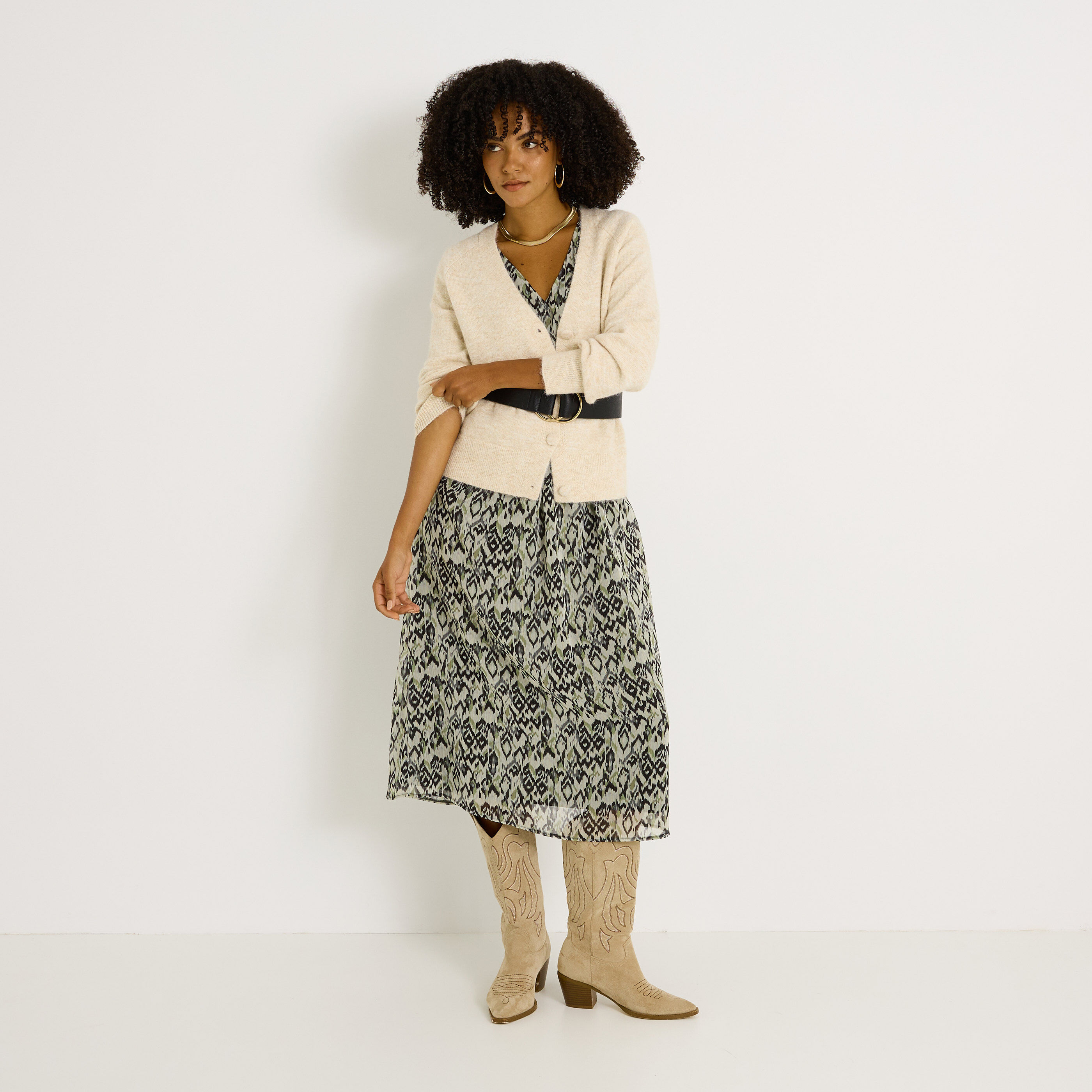 Robe longue imprim&eacute;e col V 