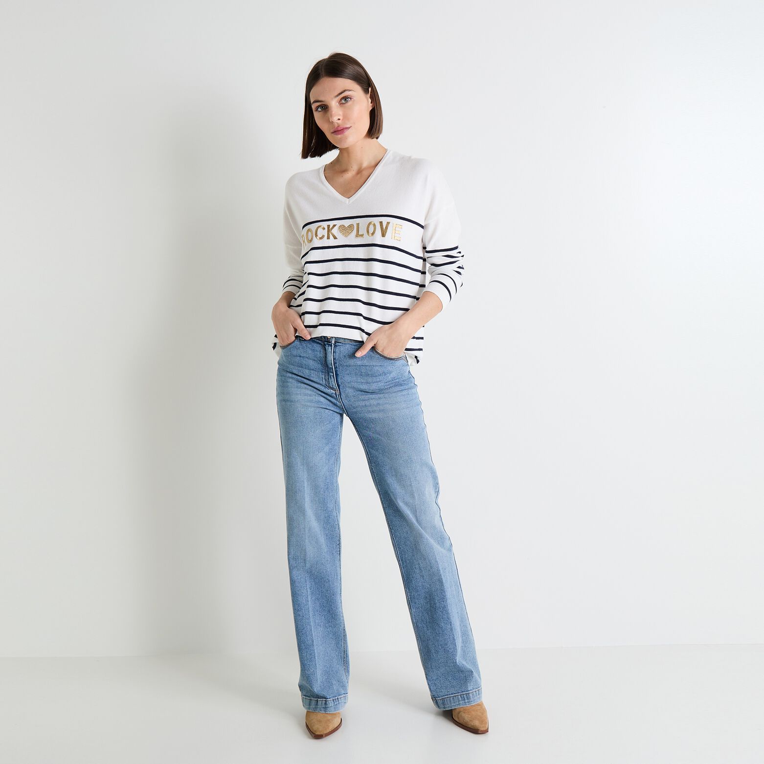 Pull col V femme
