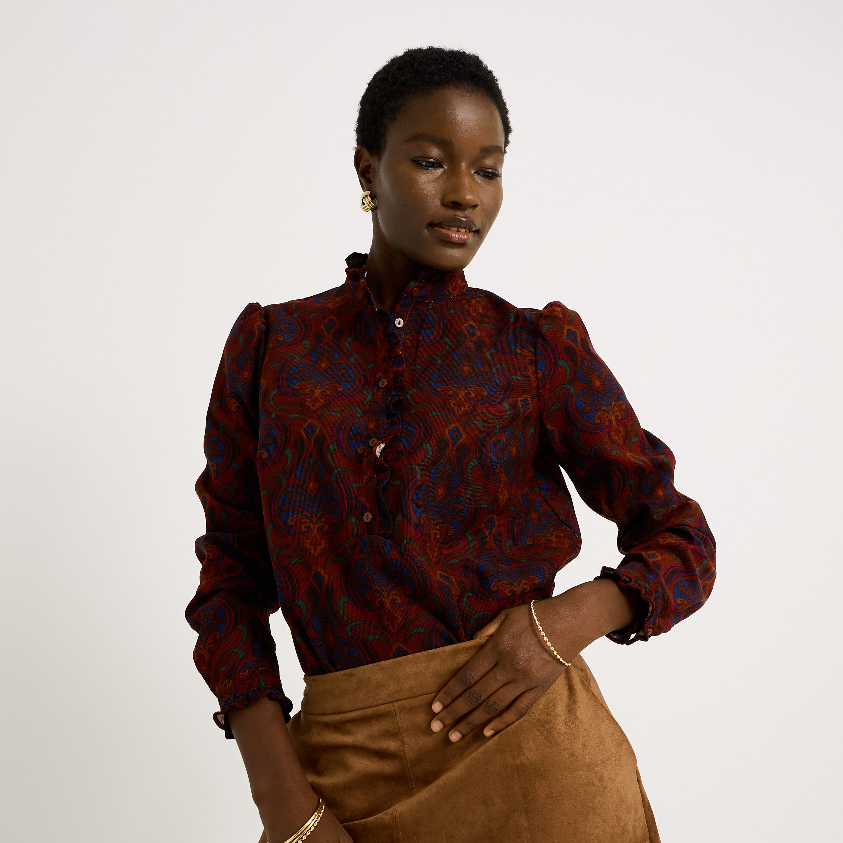 Chemise en velours imprim&eacute; femme