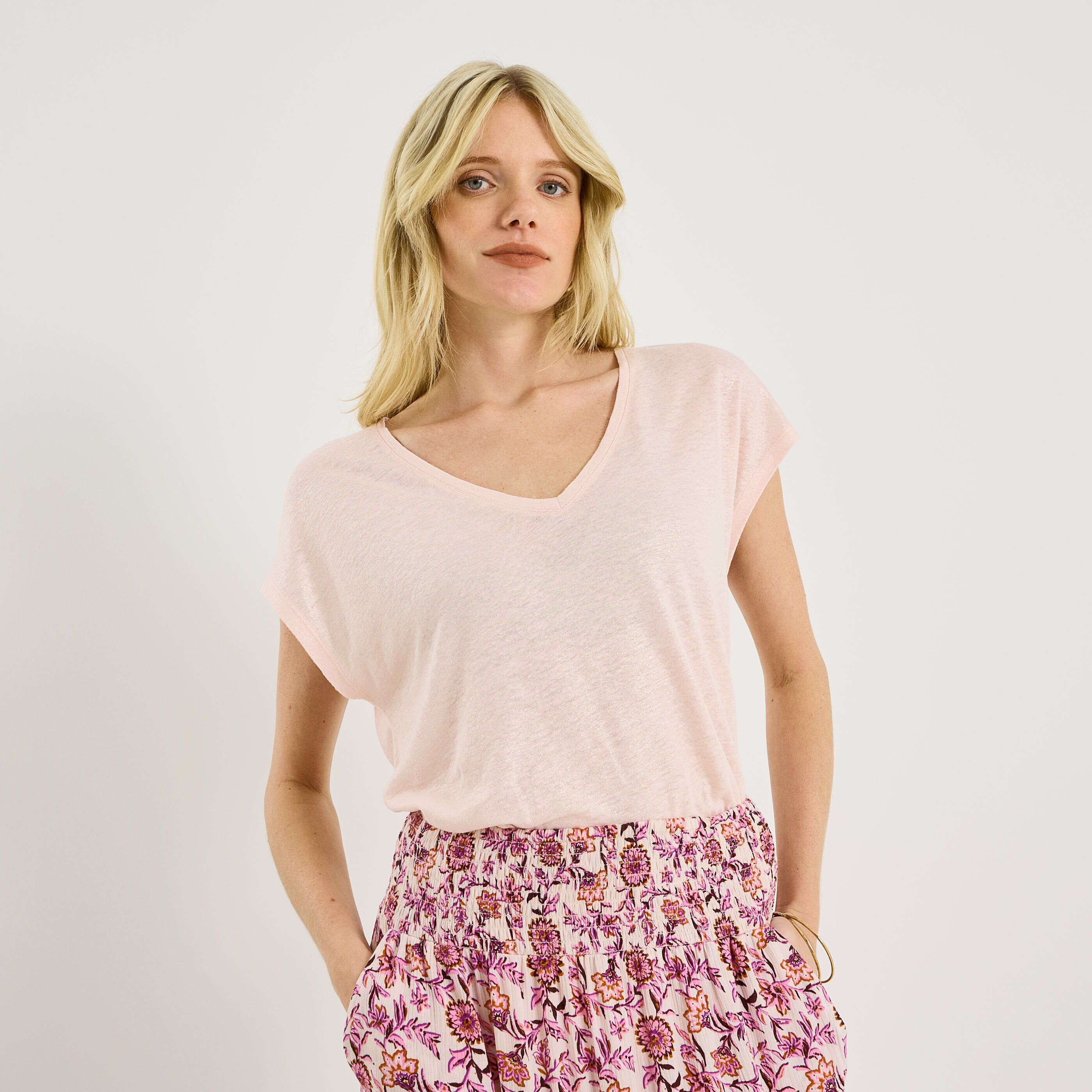 T-shirt en lin m&eacute;lang&eacute; brillant femme