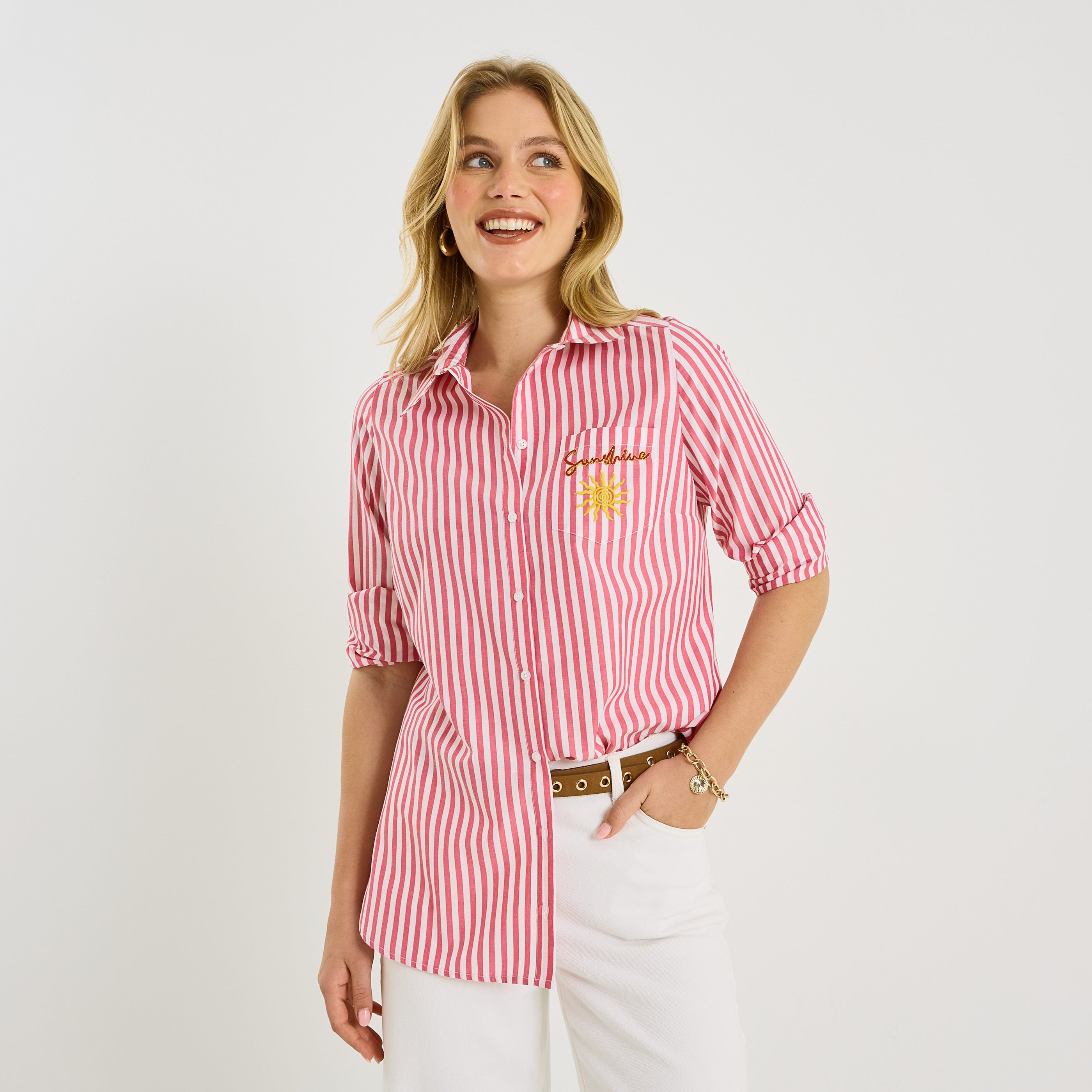 Chemise brod&eacute;e rayures verticales femme