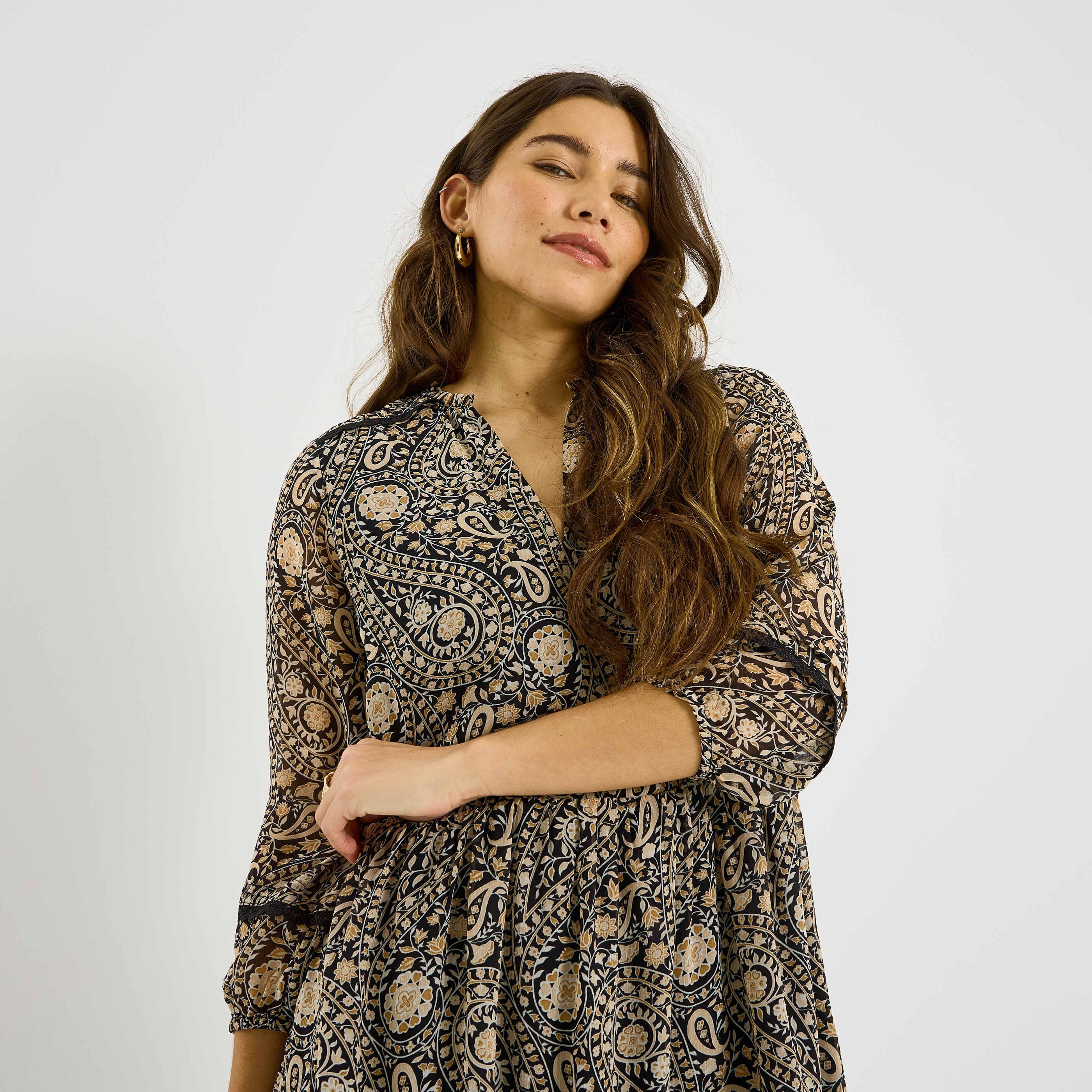 Robe fluide voile imprim&eacute;