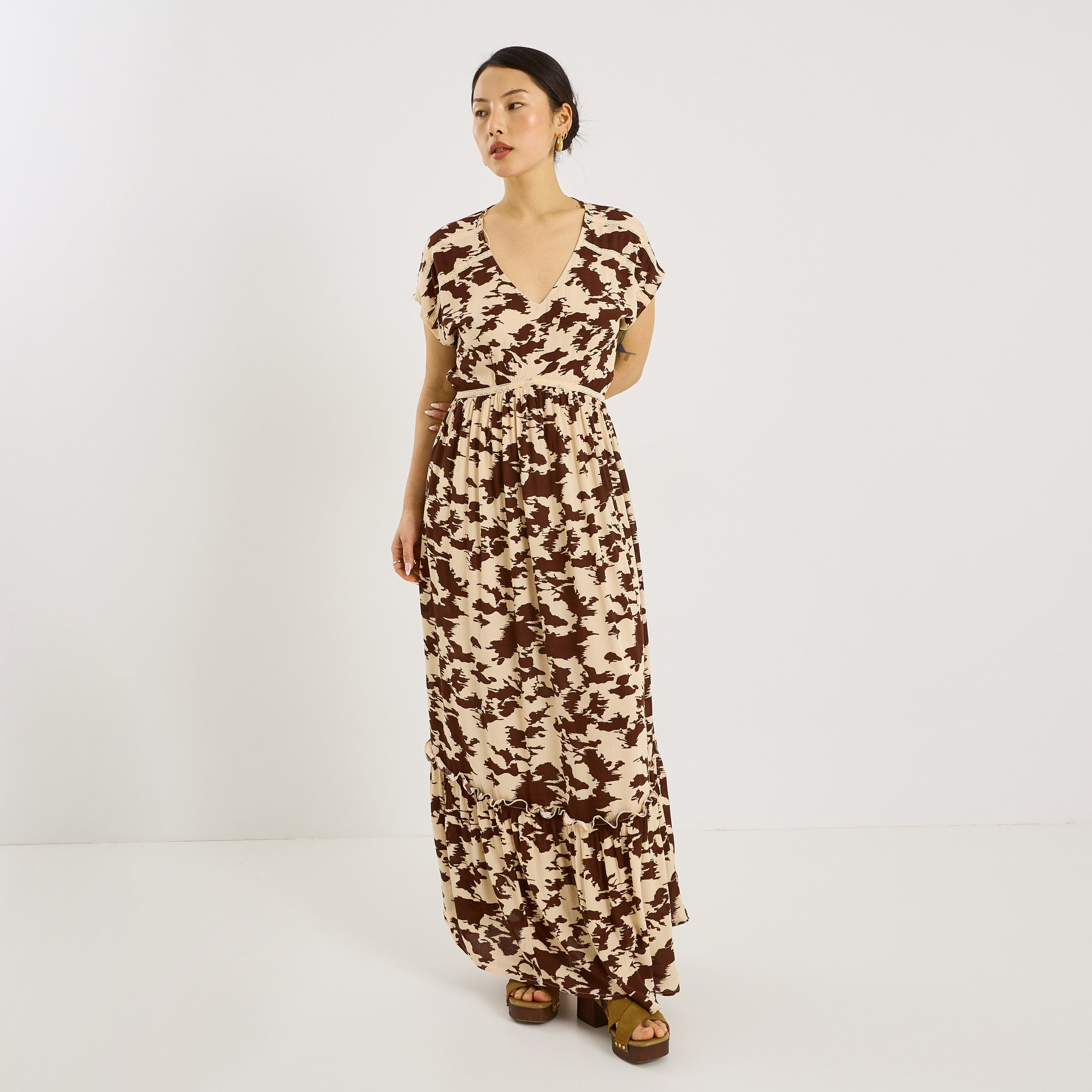 Robe longue fluide imprim&eacute; vache 