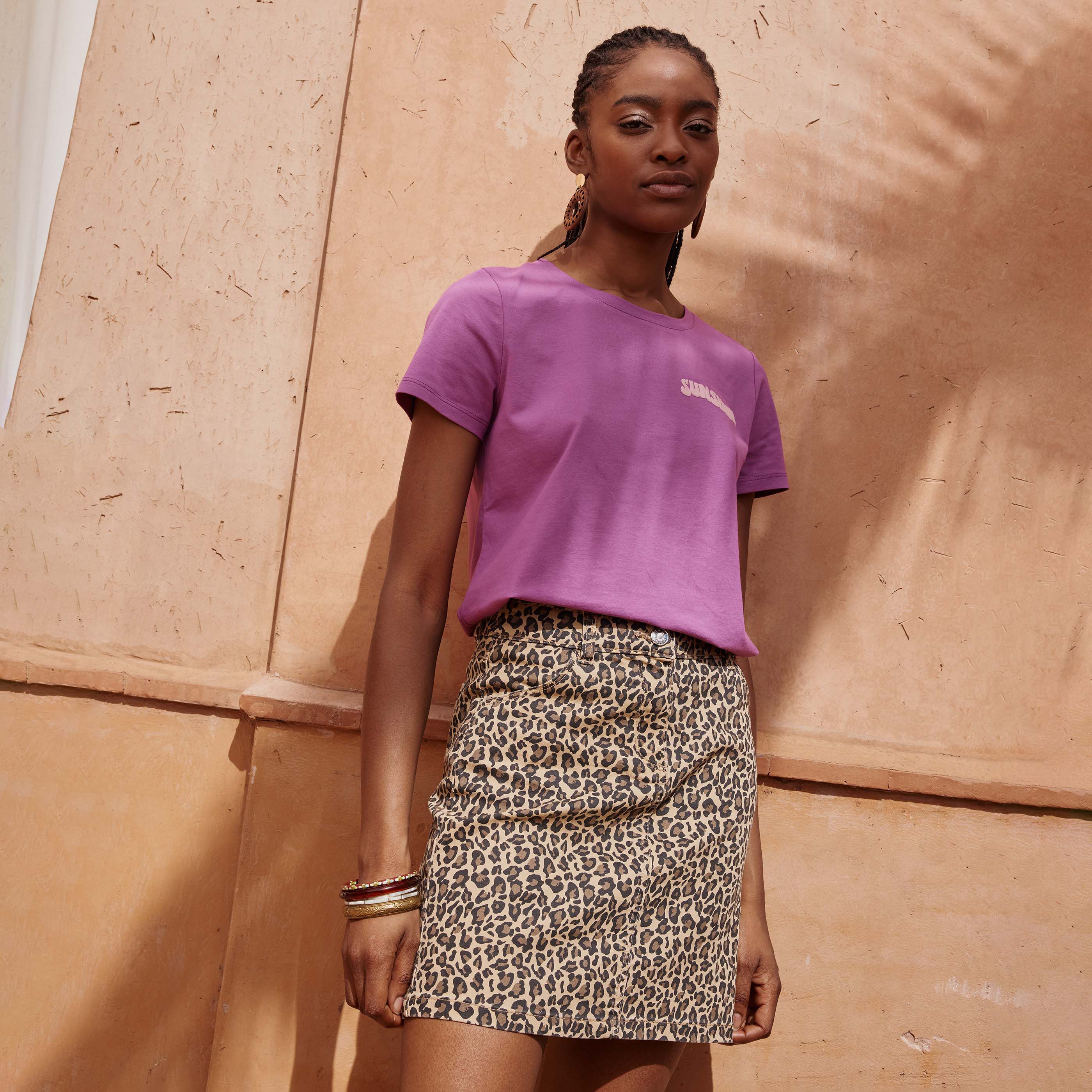 Jupe denim motif l&eacute;opard femme