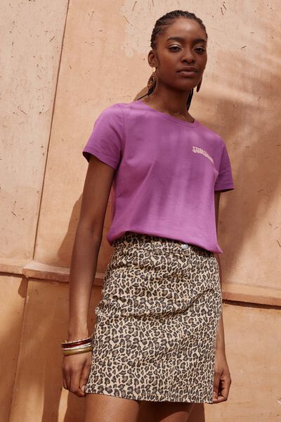 Jupe denim motif léopard femme