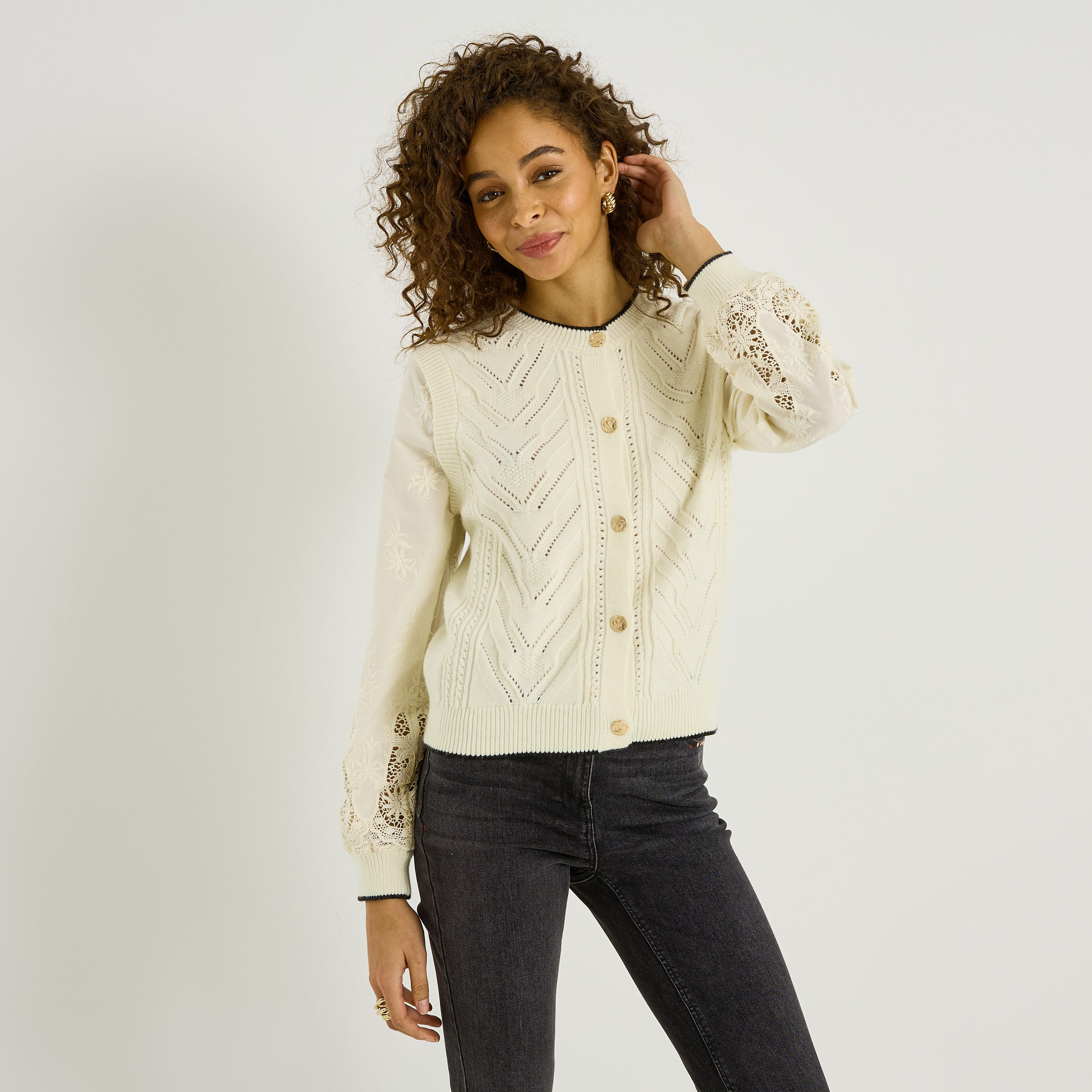 Gilet bi-mati&egrave;re &agrave; col rond femme