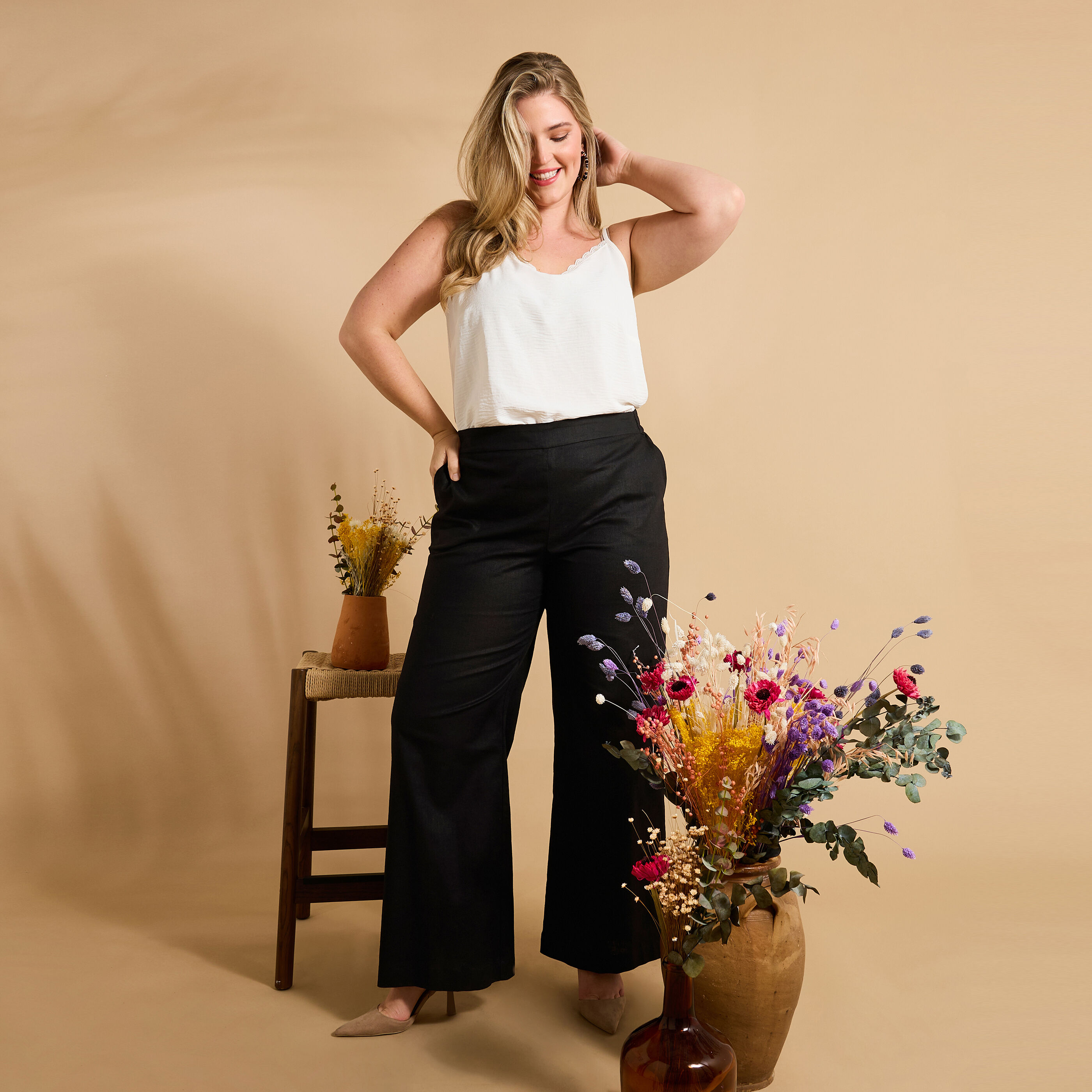 Pantalon large en lin m&eacute;lang&eacute; femme