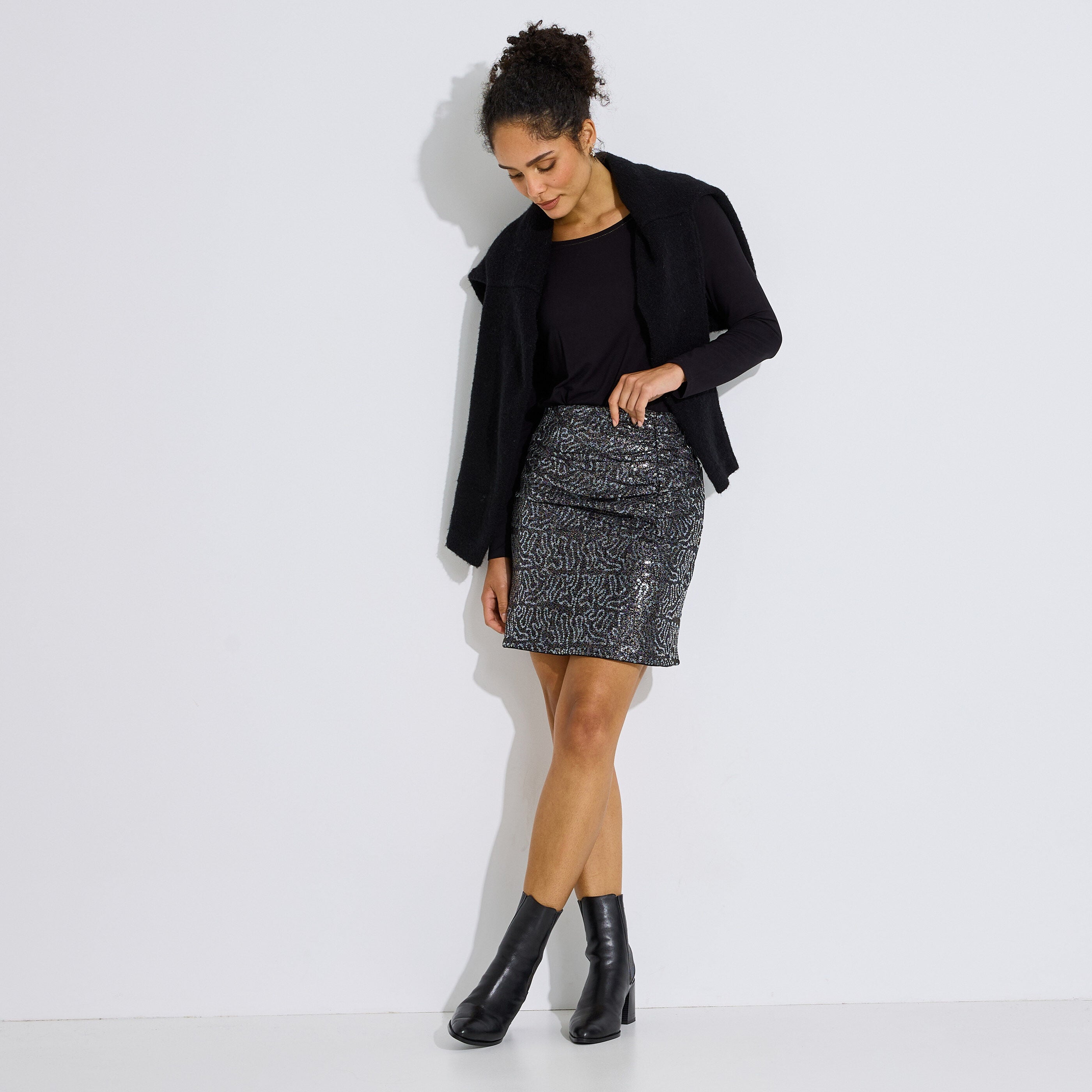 Jupe courte drap&eacute;e &agrave; sequins femme