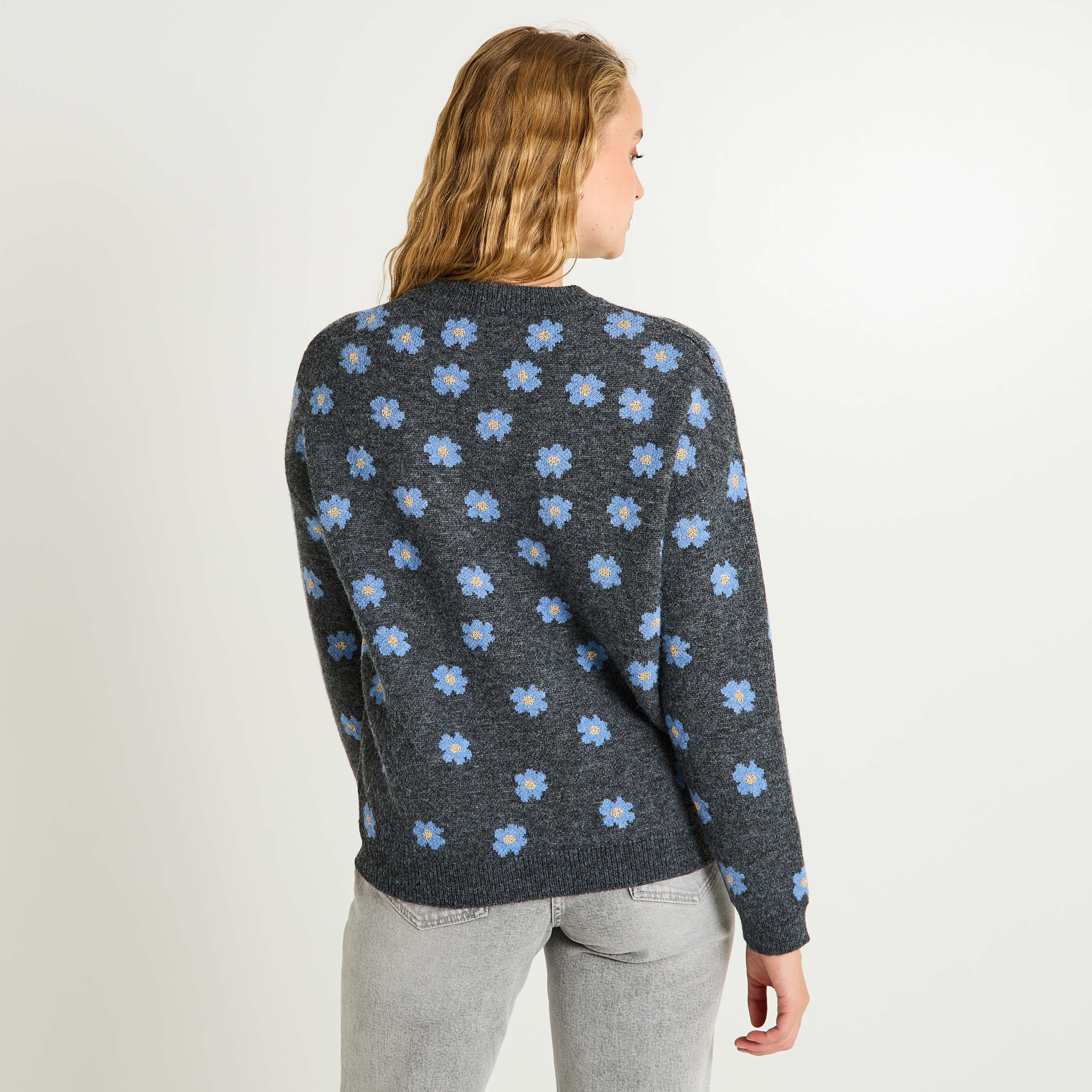 Pull jacquard imprim&eacute; fleuri femme