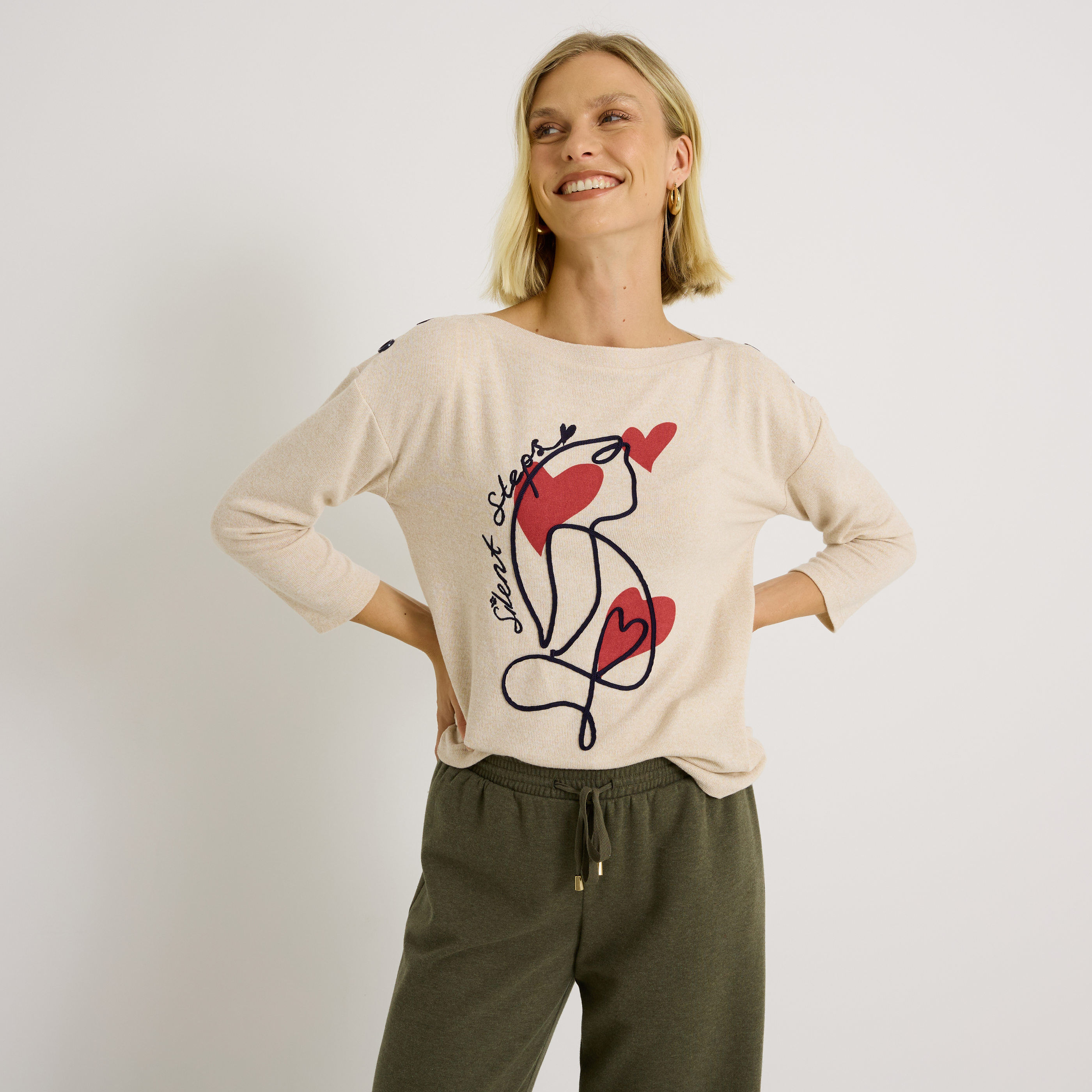 T-shirt col rond print chat femme