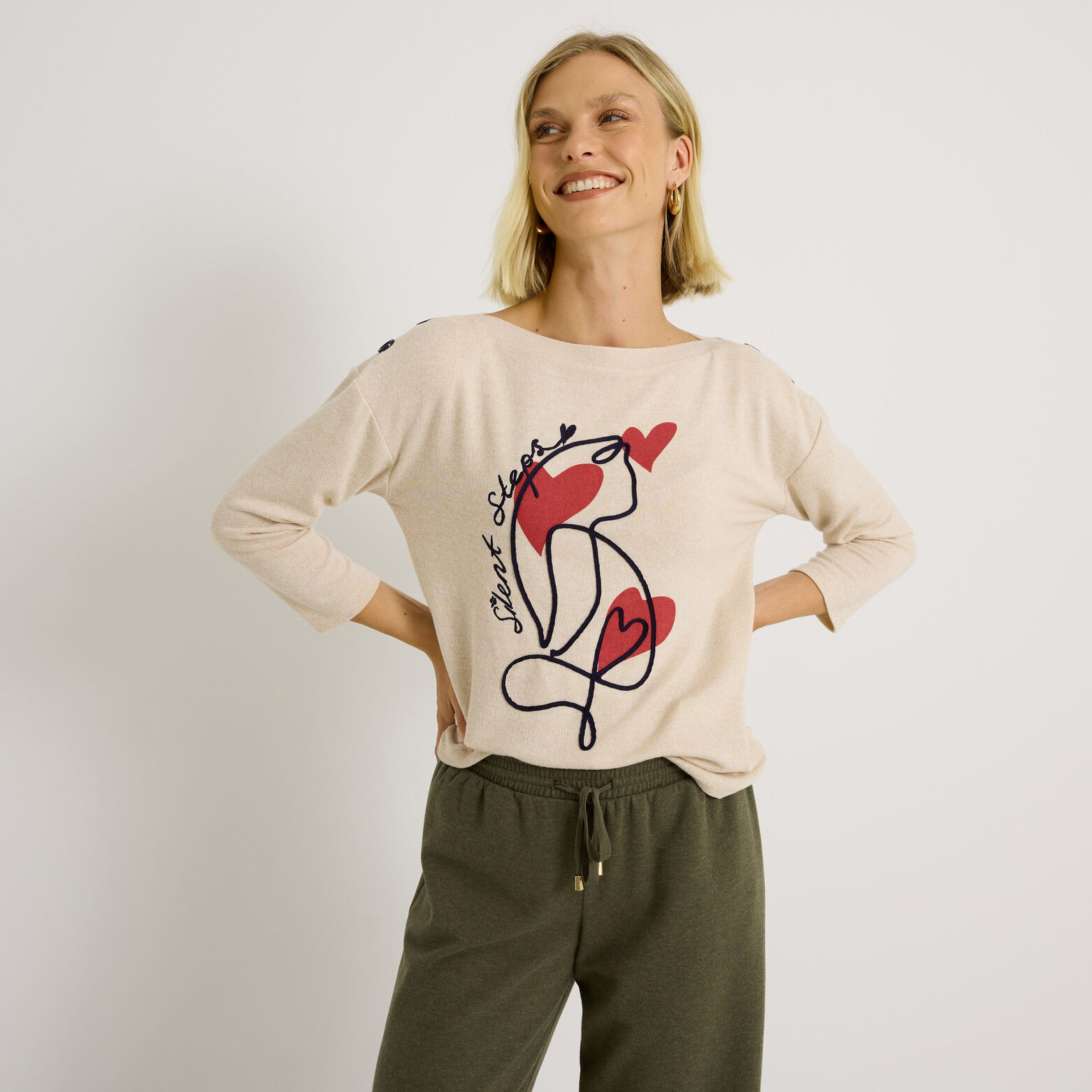 T shirt col rond print chat femme