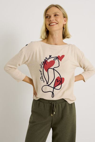 T shirt col rond print chat femme