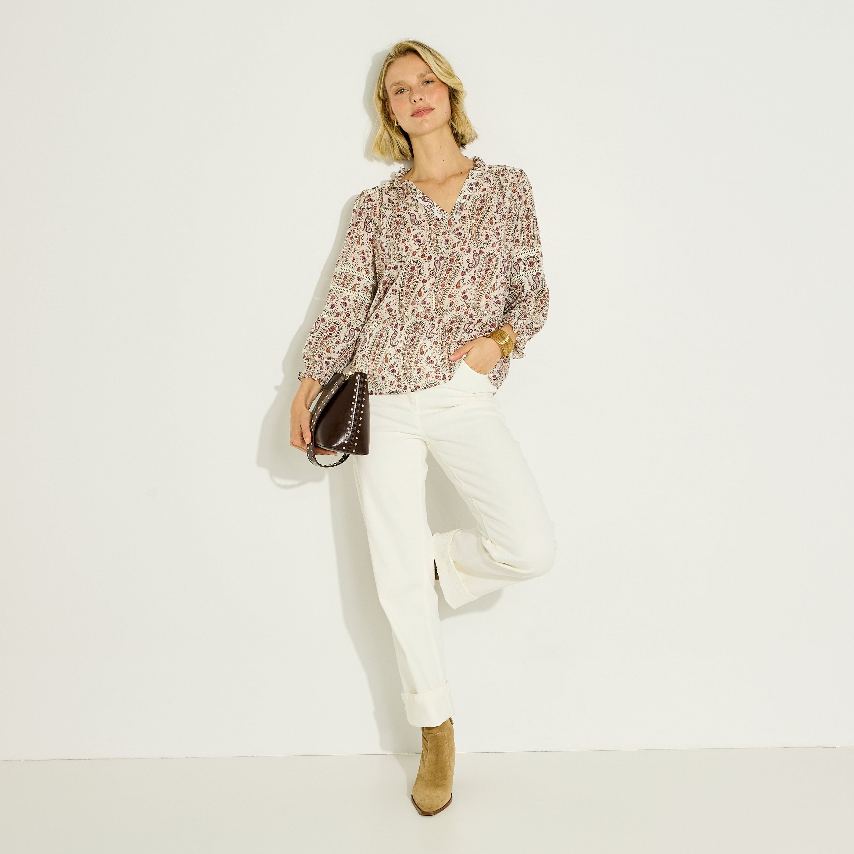 Blouse imprim&eacute; boh&egrave;me col V femme