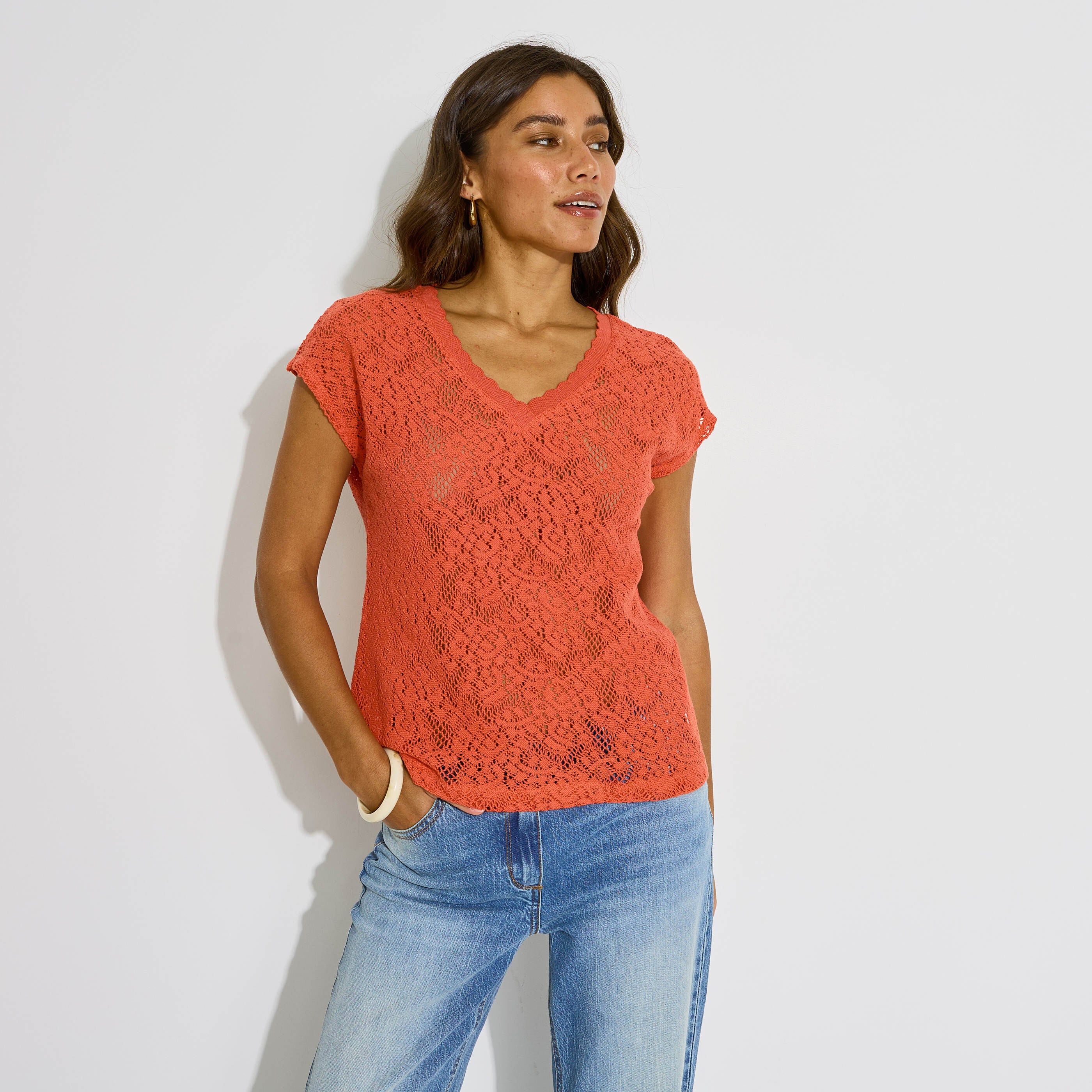 T-shirt uni en crochet femme