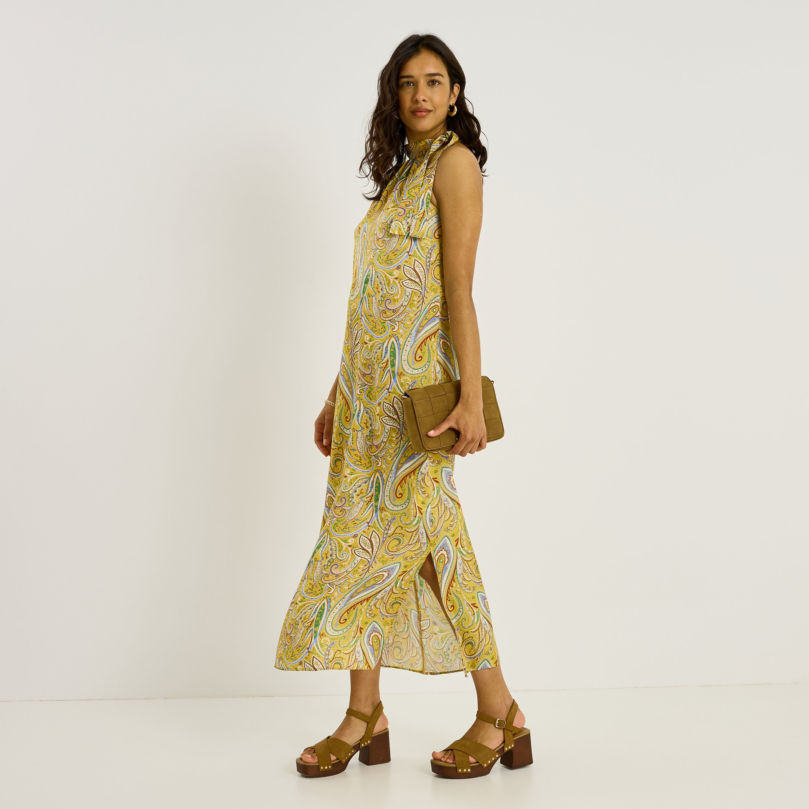 Robe longue imprim&eacute;e en satin