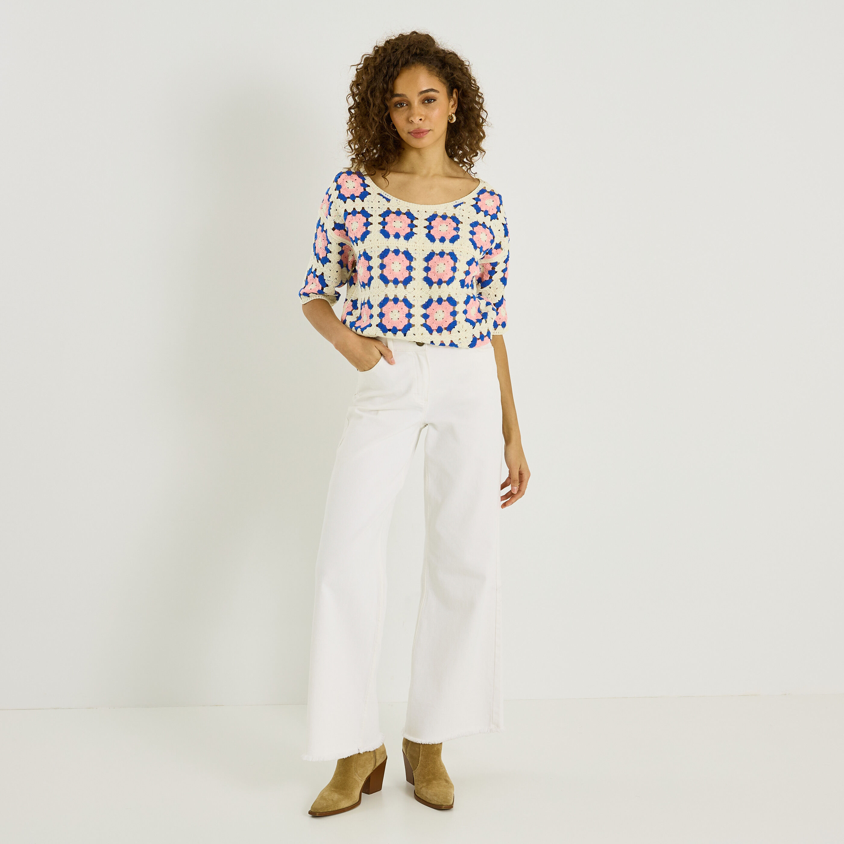 Pull en crochet multicolore femme