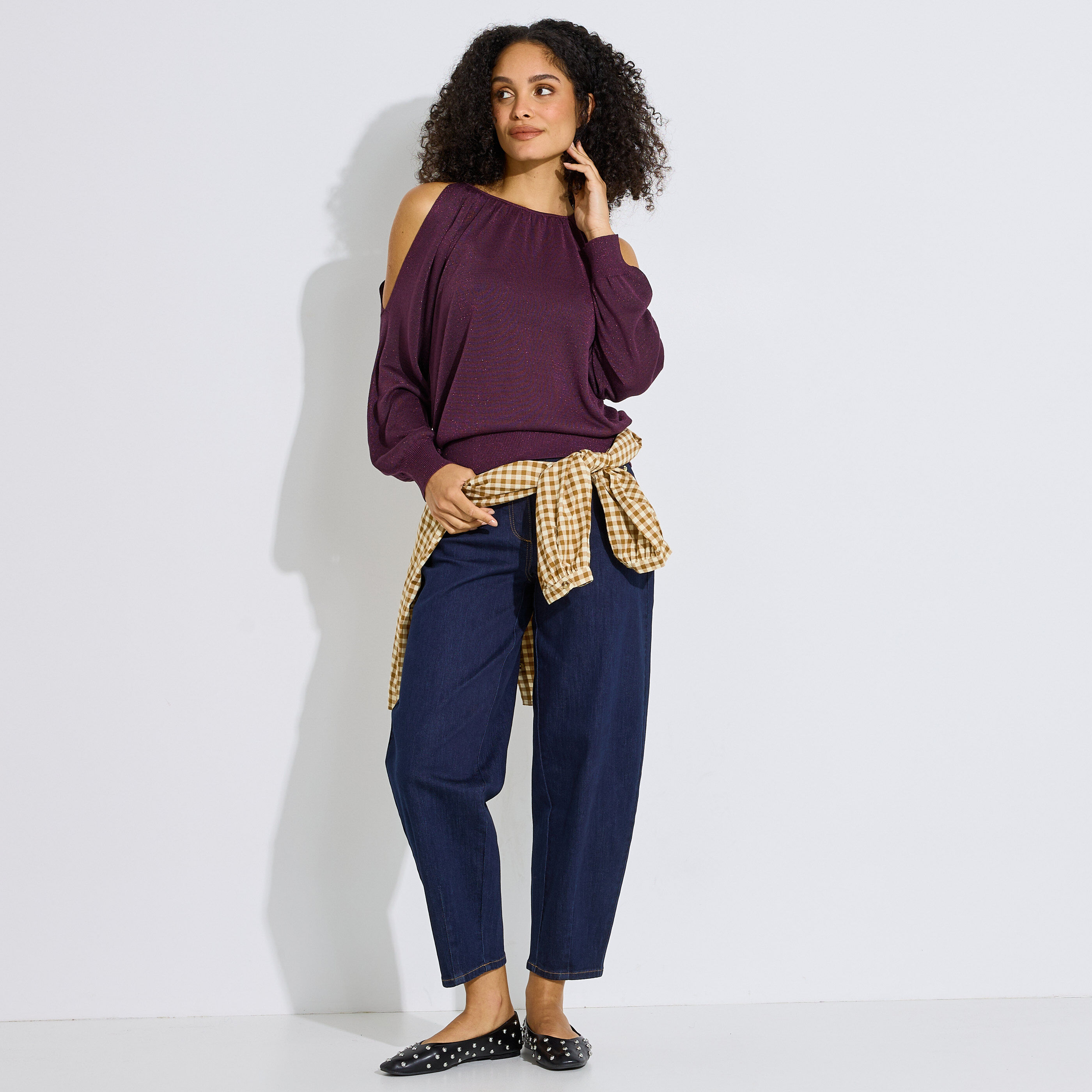 Pull paillet&eacute; &agrave; &eacute;paules d&eacute;nud&eacute;es femme