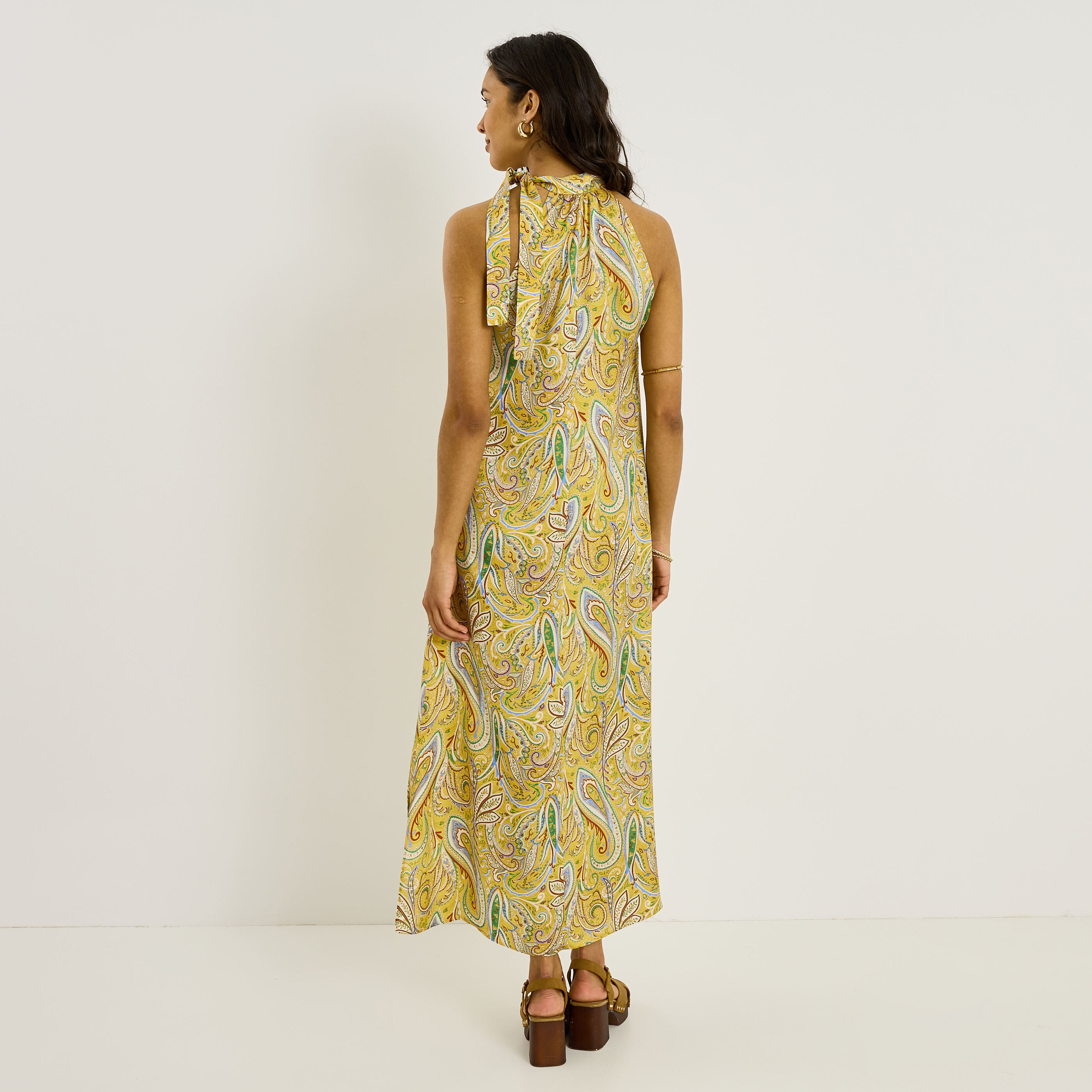 Robe longue imprim&eacute;e en satin