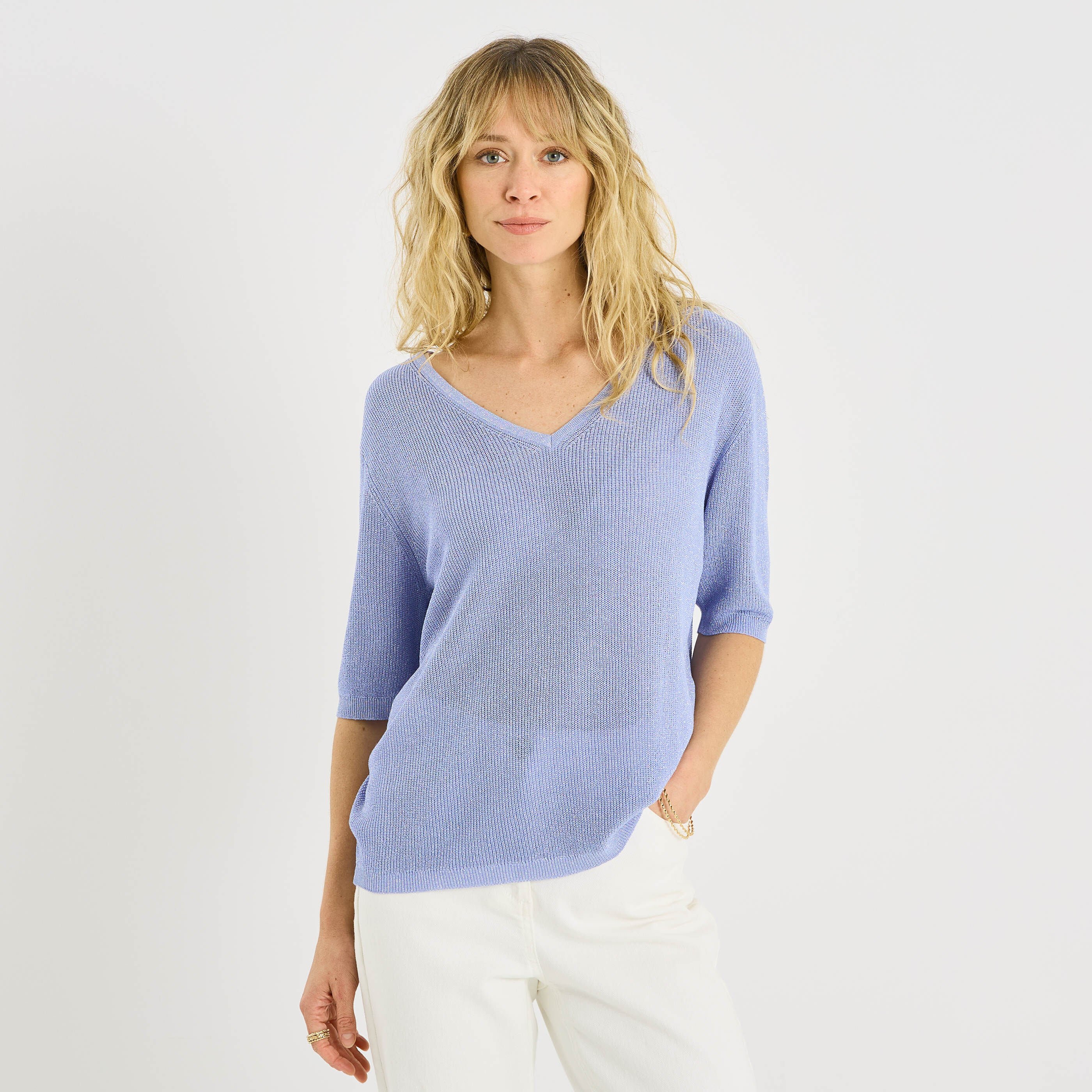 Pull manches courtes brillant femme