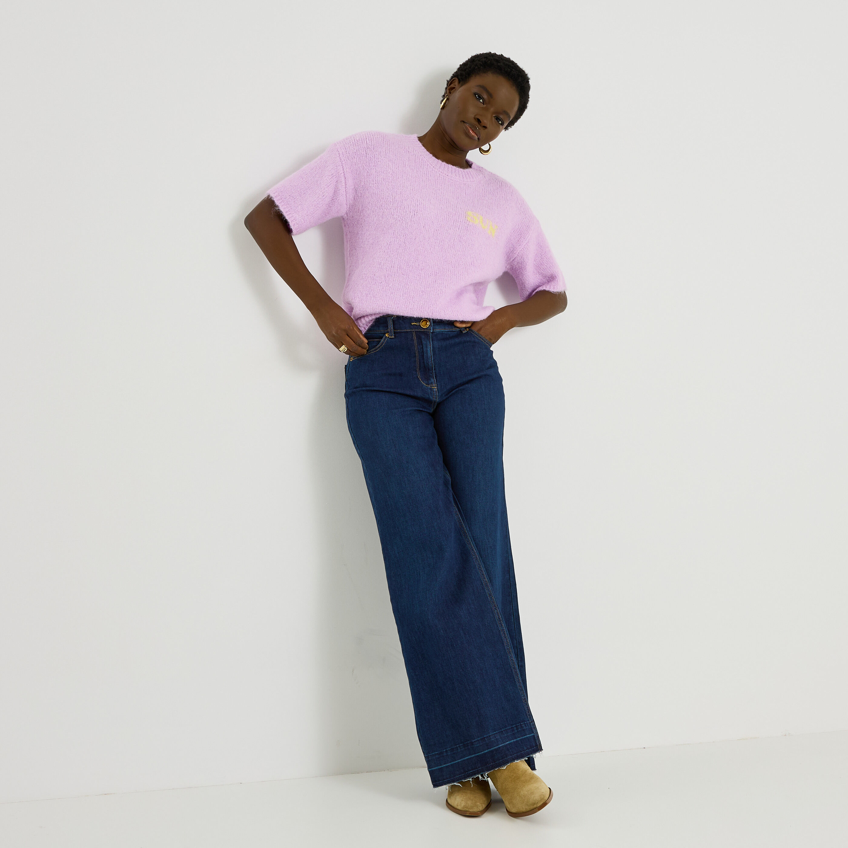 Pull manches courtes imprim&eacute; femme