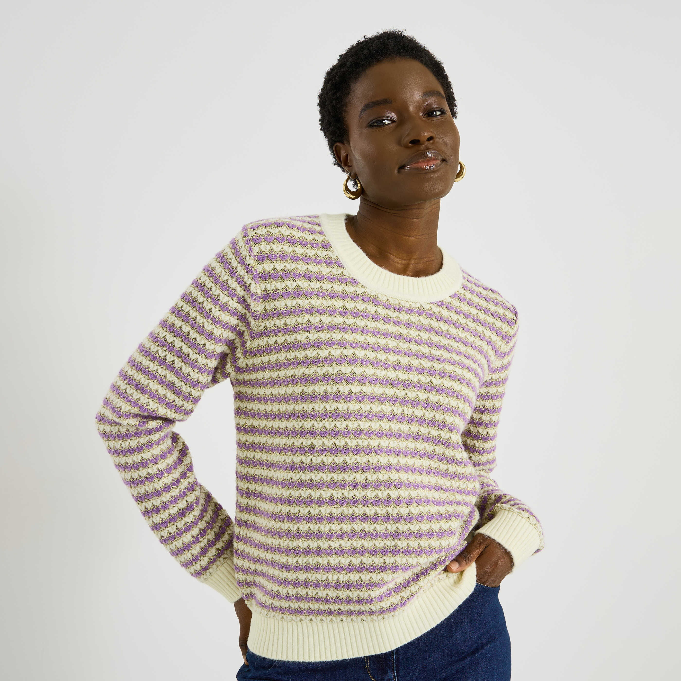 Pull col rond &agrave; rayures femme