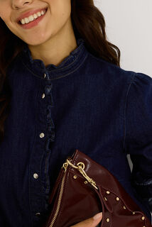 Blouse en denim à col volanté femme