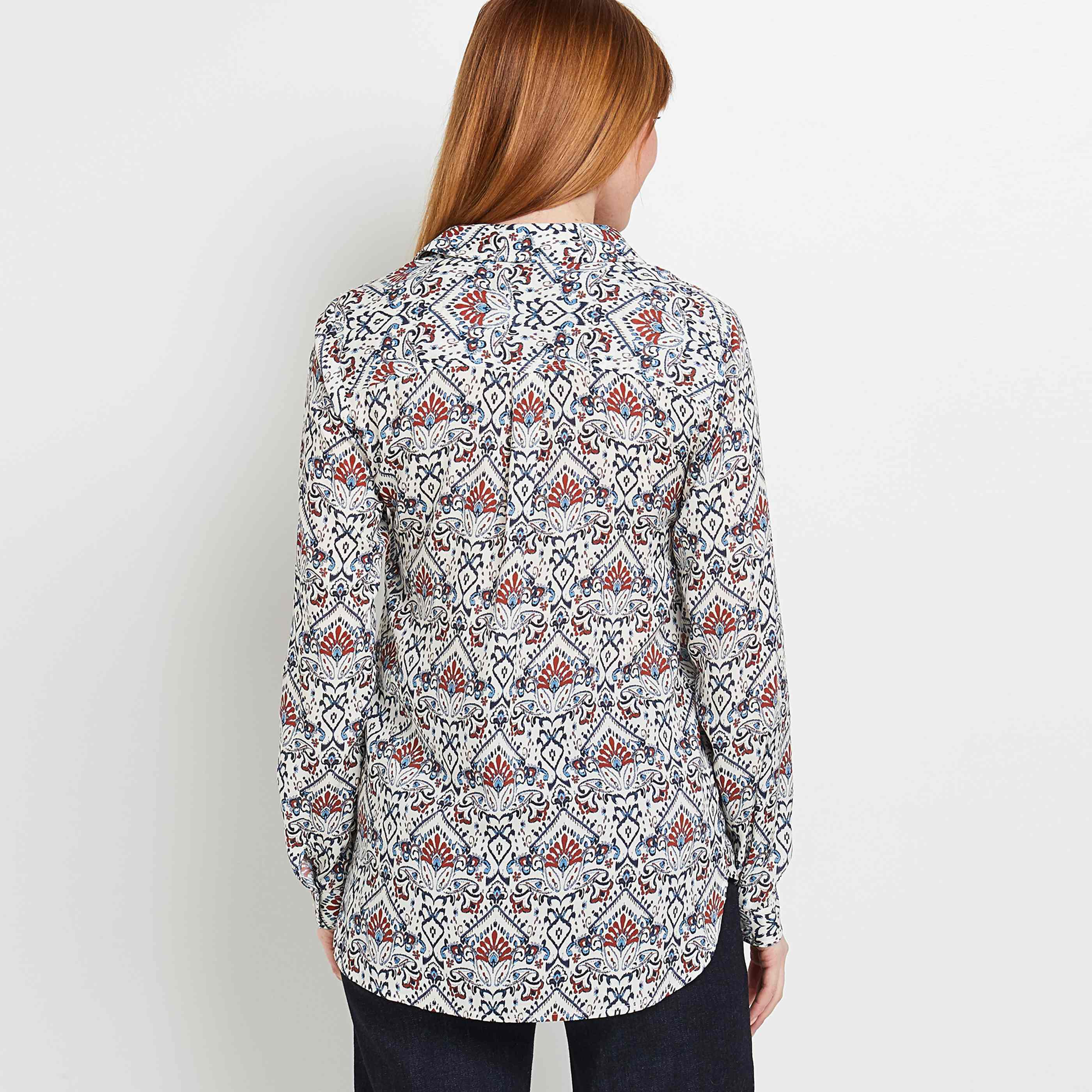 Chemise Femme En Maille Imprimée Géométrique - Manches Longues, Col Chemise, Tissu Venezia Fluide, Style Moderne Et Affirmé