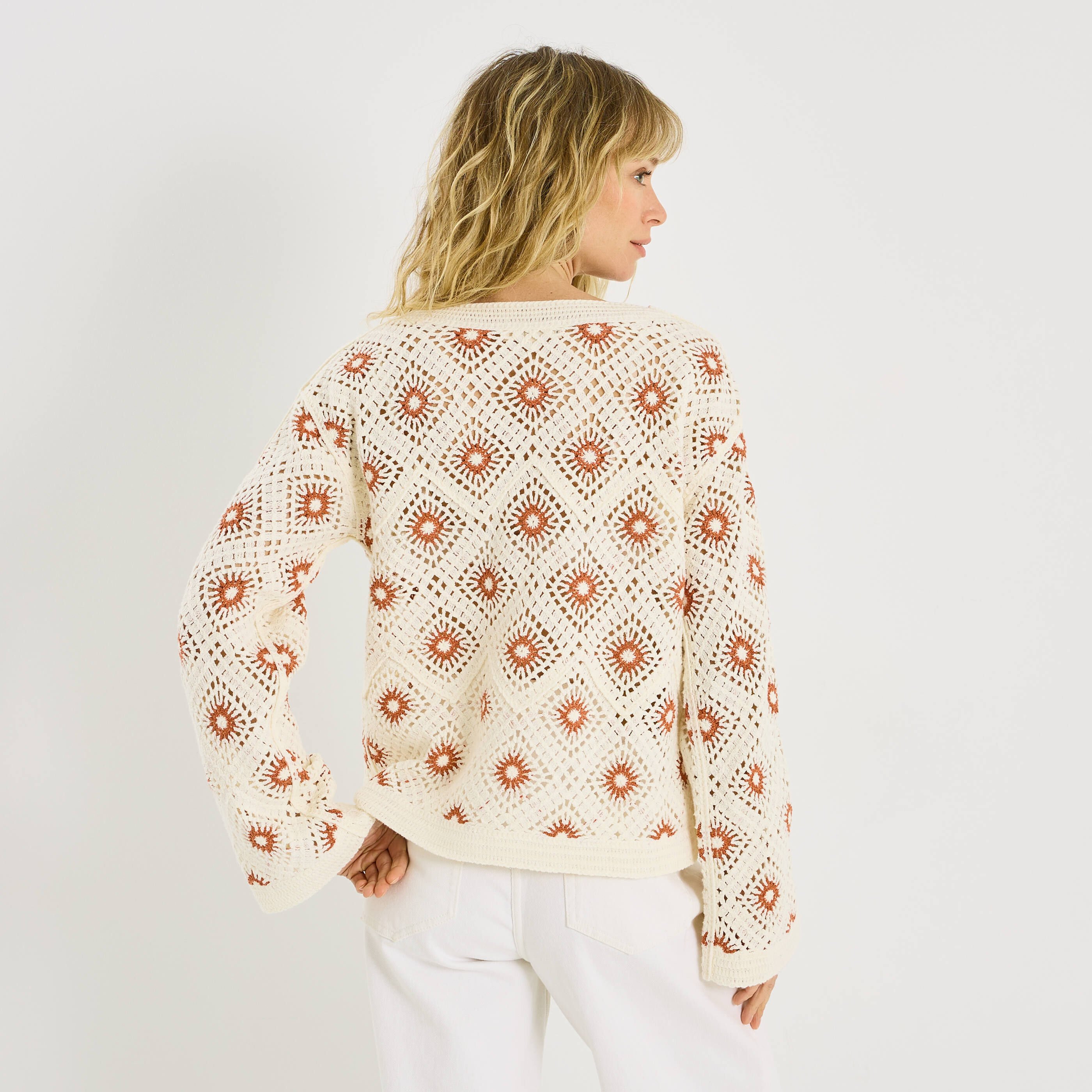 Pull crochet bicolore &agrave; col rond femme
