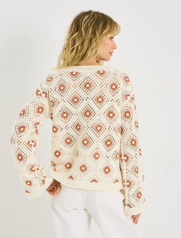 Pull crochet bicolore &agrave; col rond femme