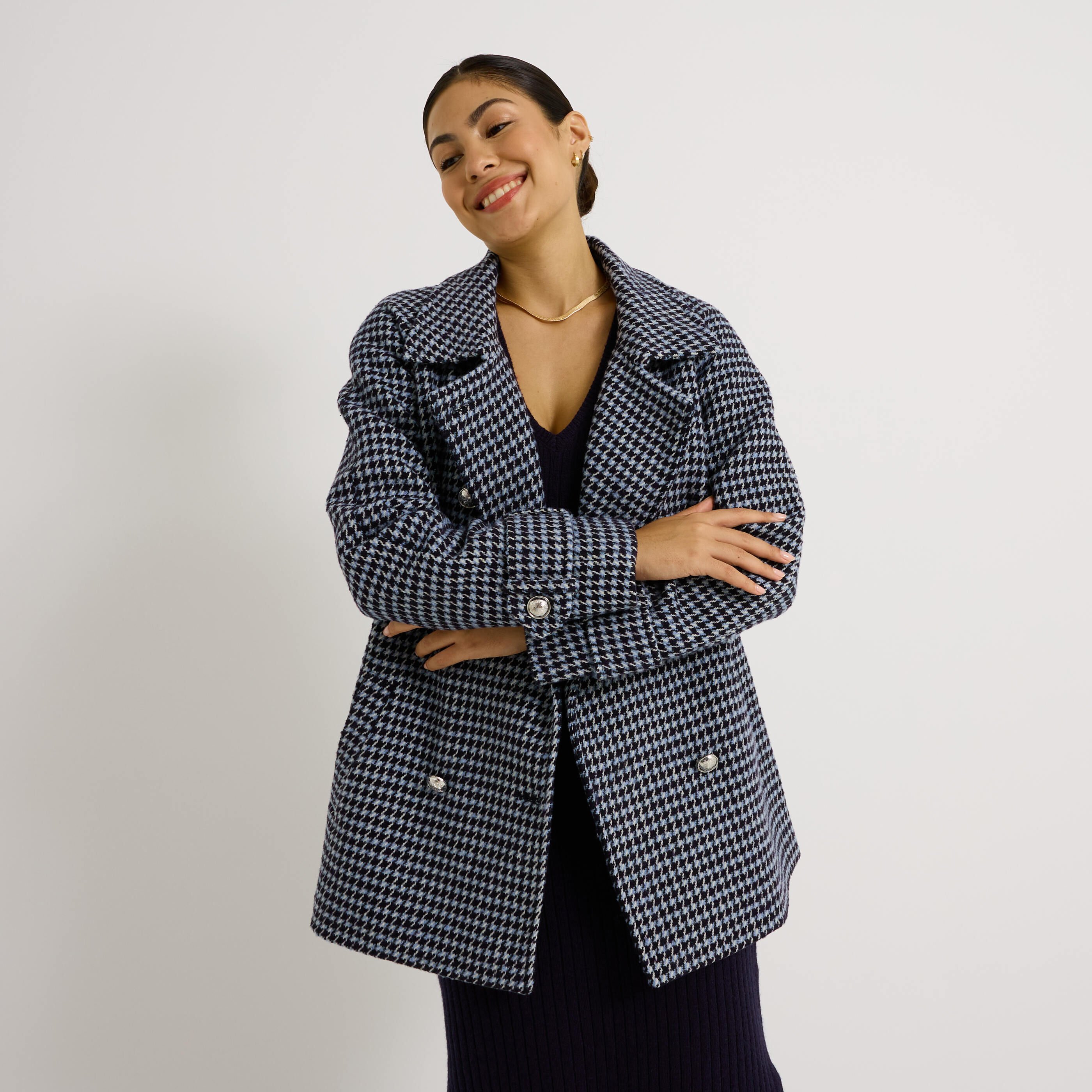 Manteau imprim&eacute; pied-de-poule femme