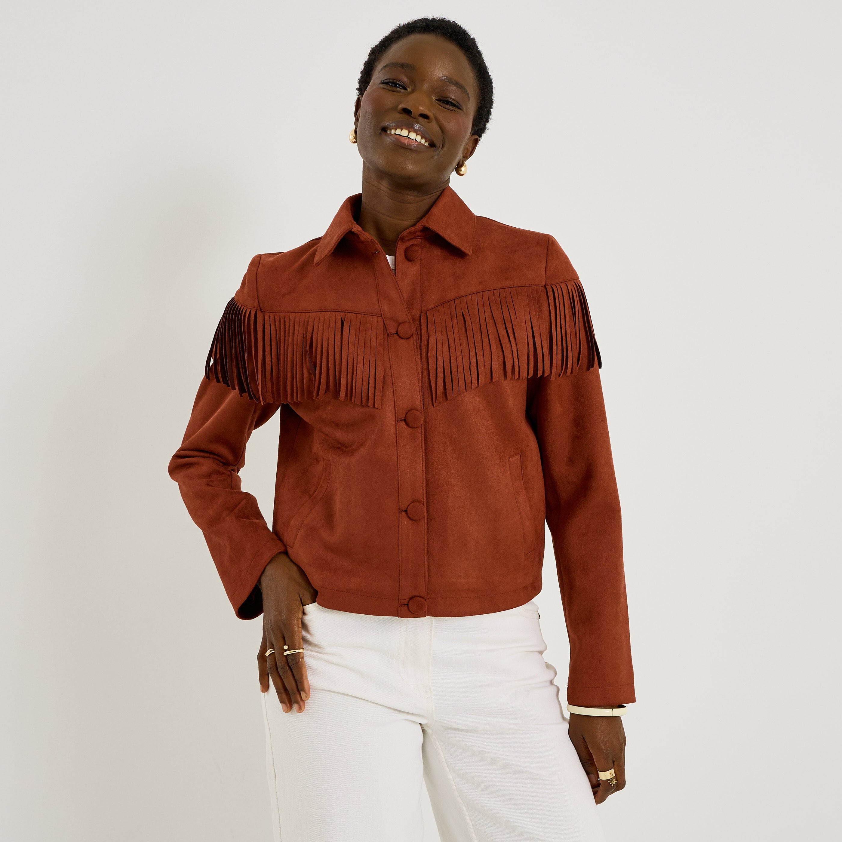 Veste courte en su&eacute;dine &agrave; franges femme