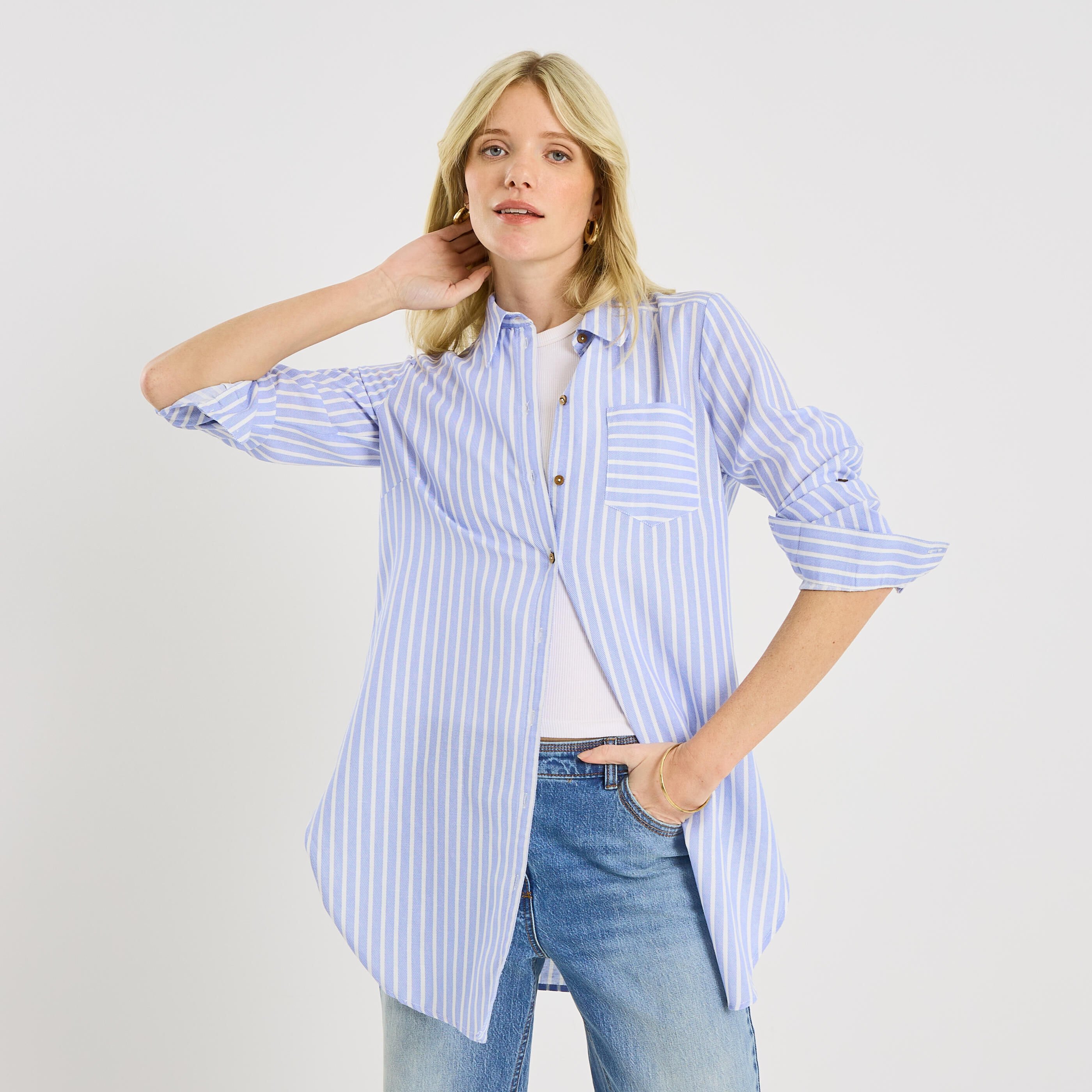 Chemise longue &agrave; rayures femme