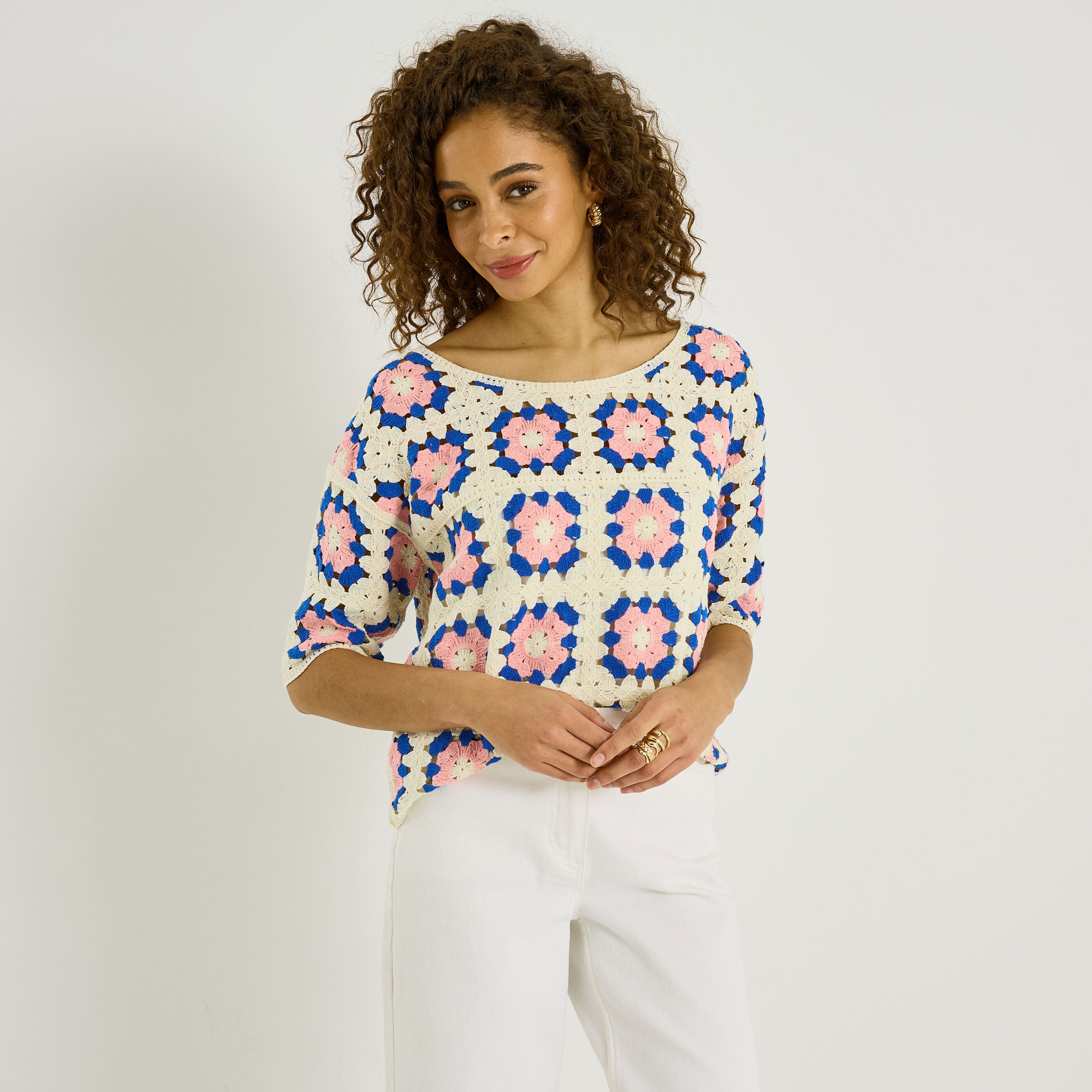 Pull en crochet multicolore femme