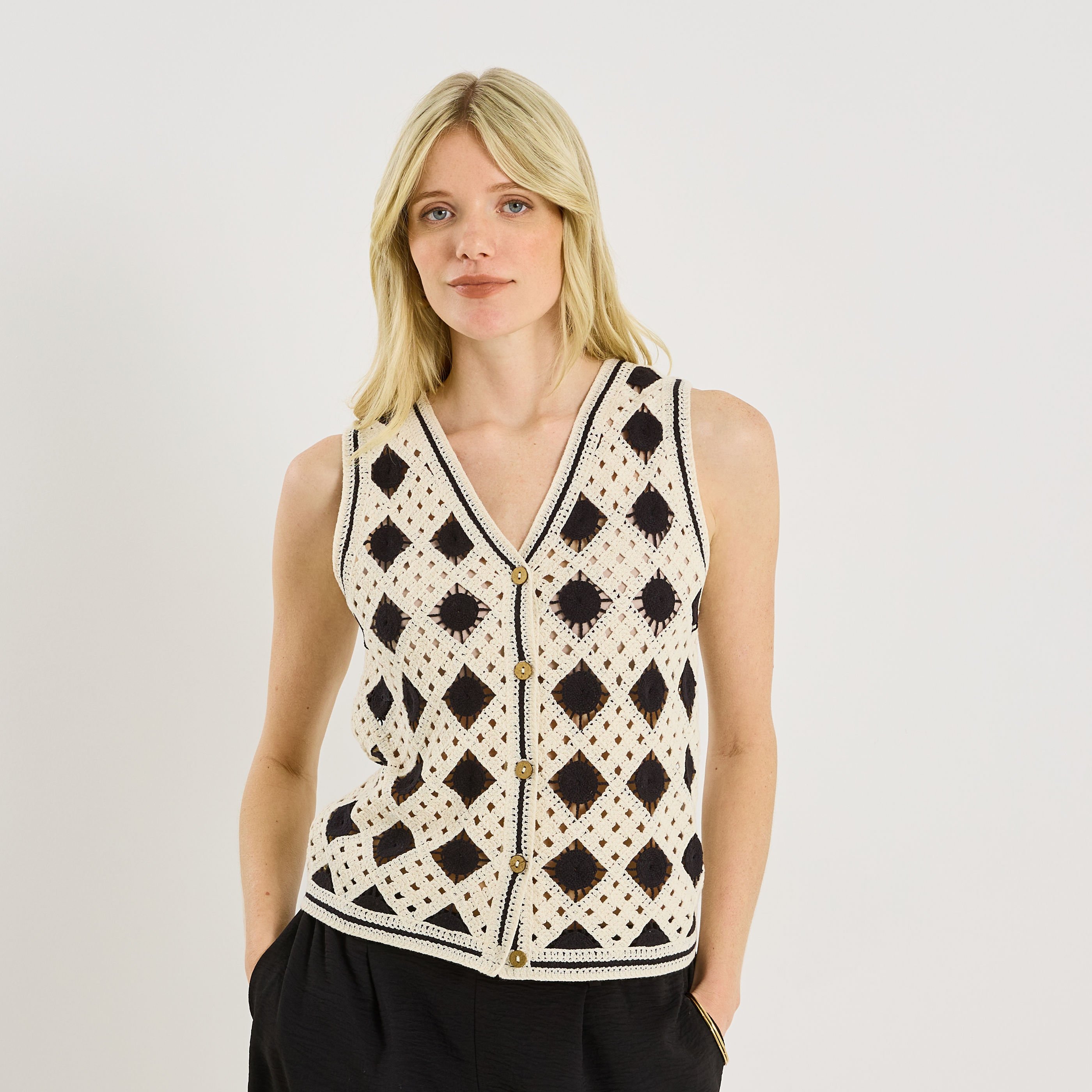 Gilet col V en crochet bicolore femme